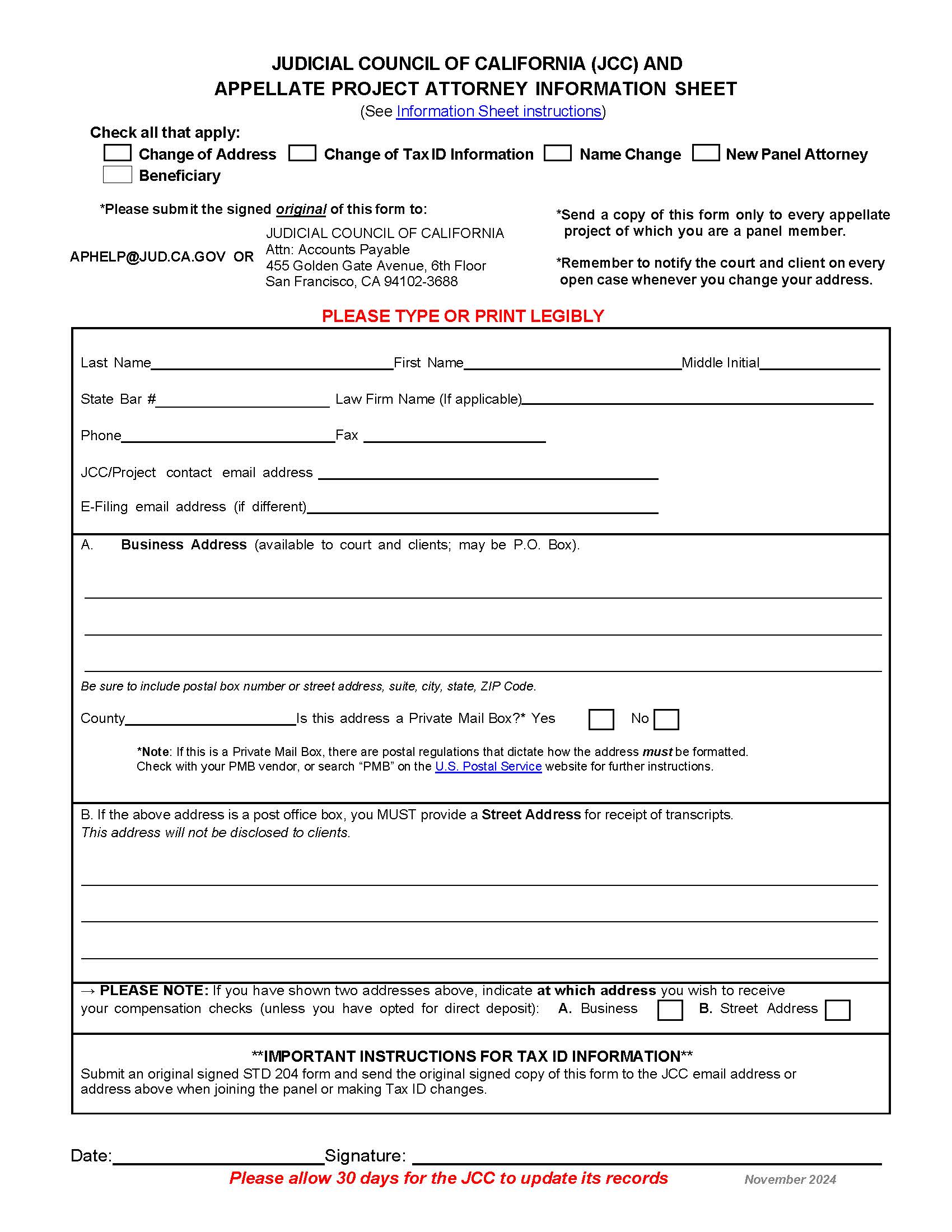 Change Of Panel Information Sheet ((JCC) And Appellate Project Attorney) | Pdf Fpdf Doc Docx | California