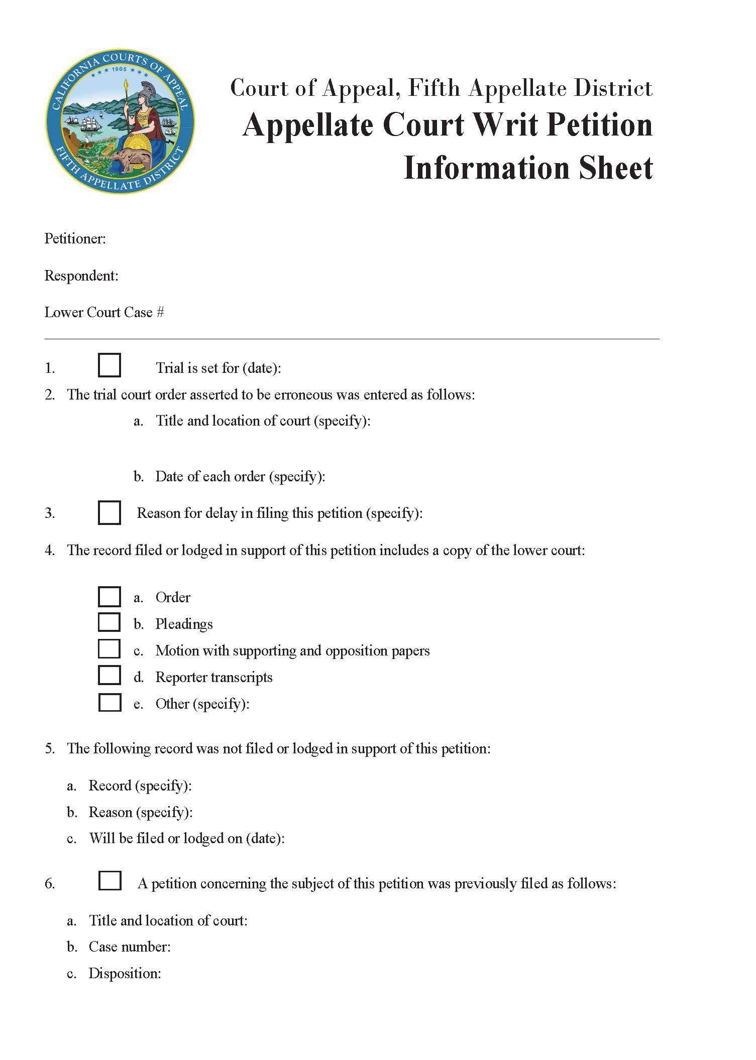 Appellate Court Writ Petition Information Sheet | Pdf Fpdf Doc Docx | California