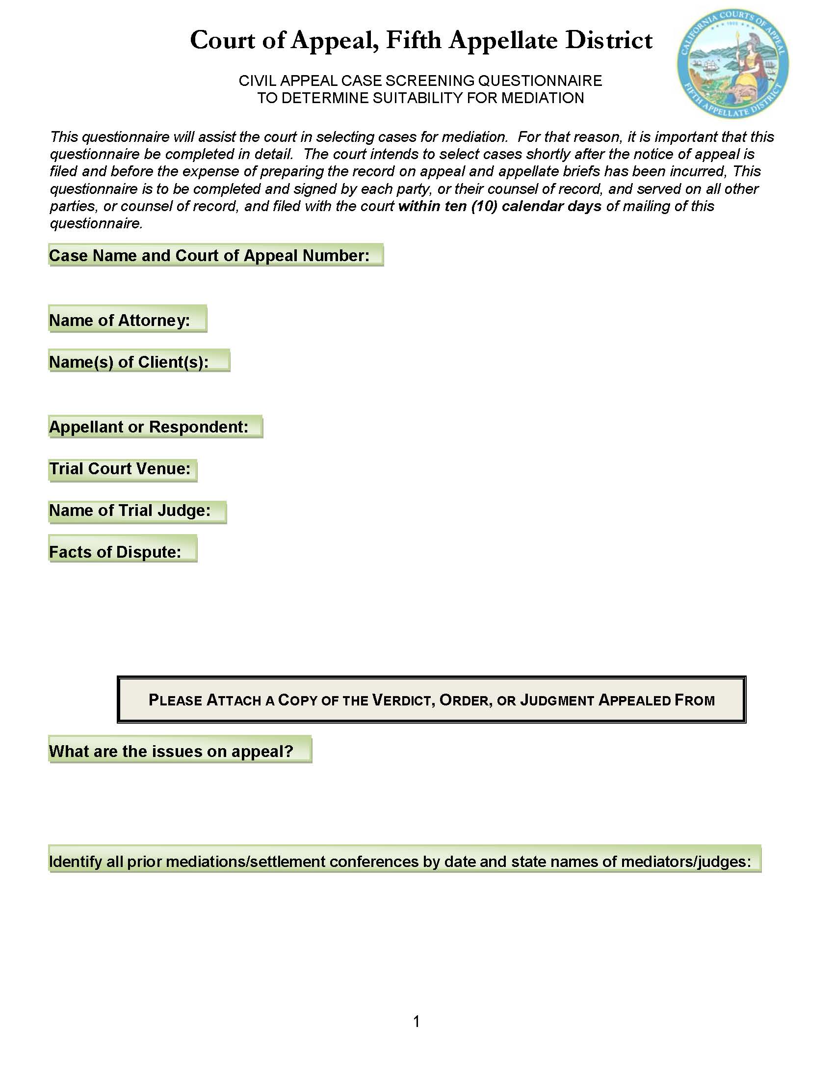 Civil Appeal Case Screening Questionnaire To Determine Suitability For Mediation | Pdf Fpdf Doc Docx | California