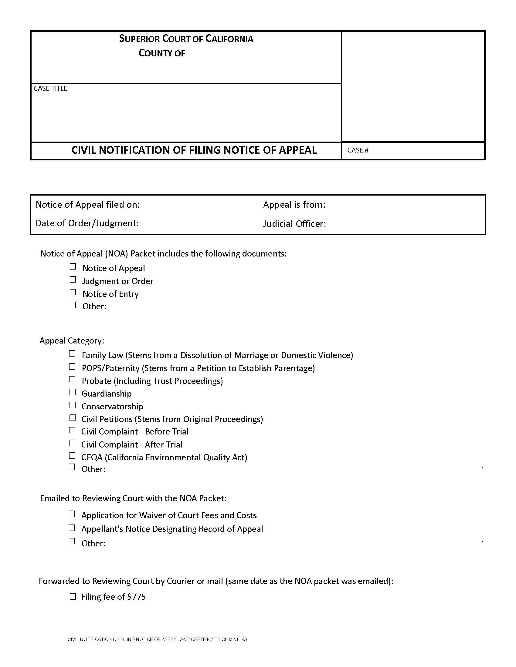 Civil Notification Of Filing Notice Of Appeal | Pdf Fpdf Docx | California