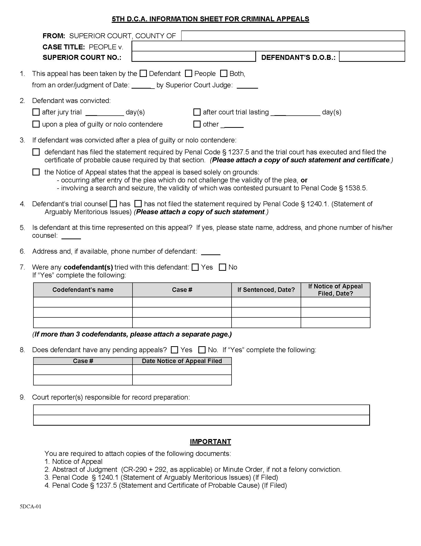 Criminal Case Information Sheet (5TH DCA Information Sheet For Criminal Appeals) {5DCA-01} | Pdf Fpdf Doc Docx | California