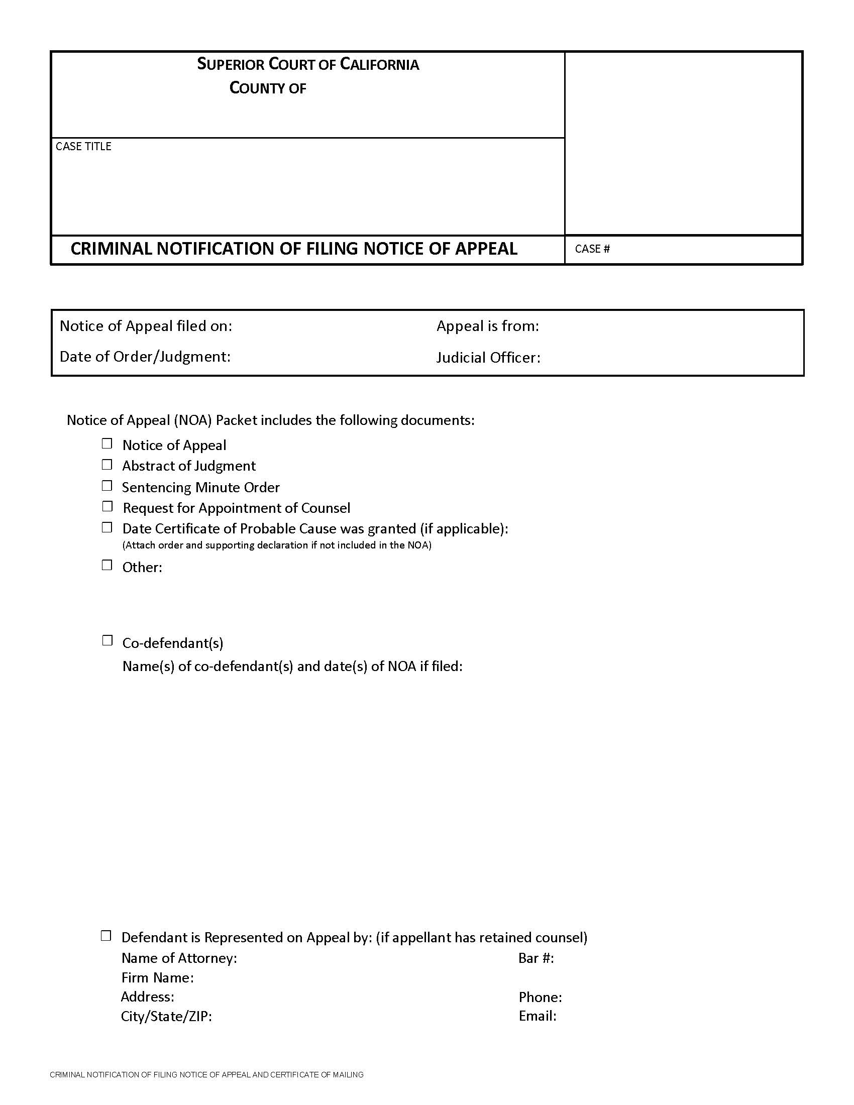 Criminal Notification Of Filing Notice Of Appeal | Pdf Fpdf Docx | California