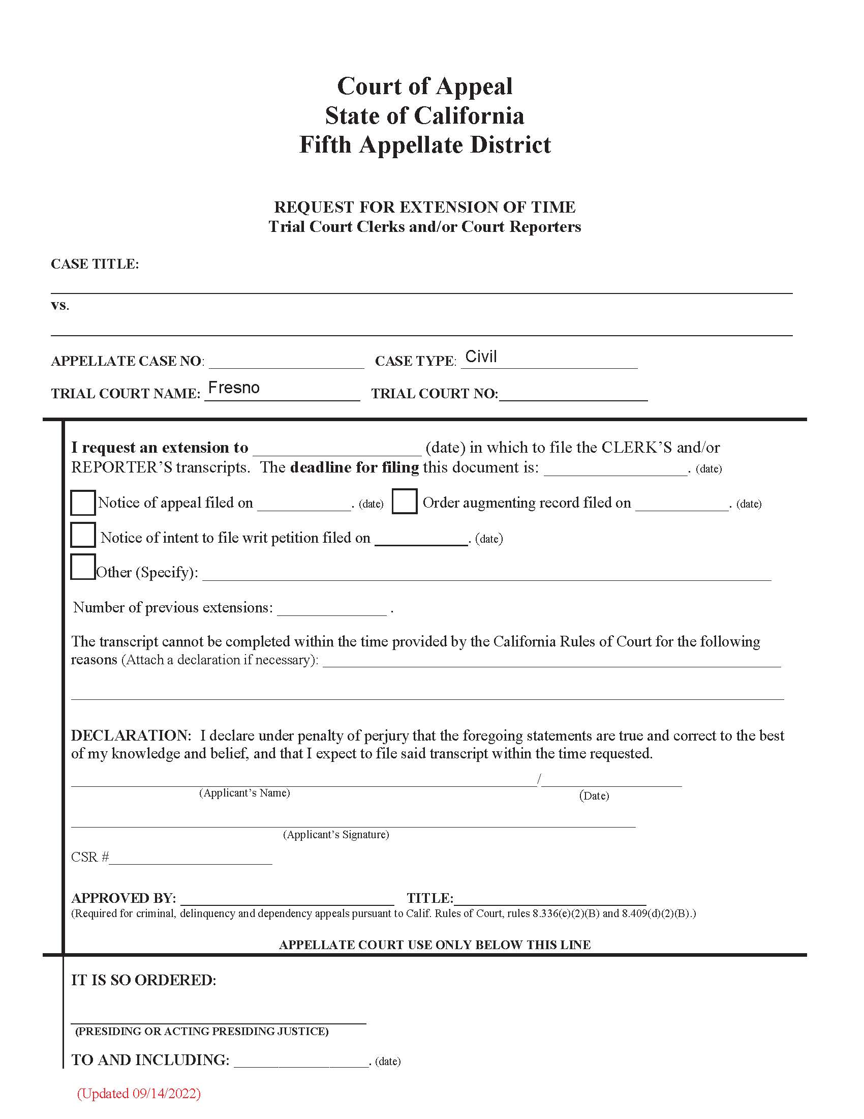 Request For Extension Of Time (Trial Court Clerks And-Or Court Reporters) | Pdf Fpdf Docx | California