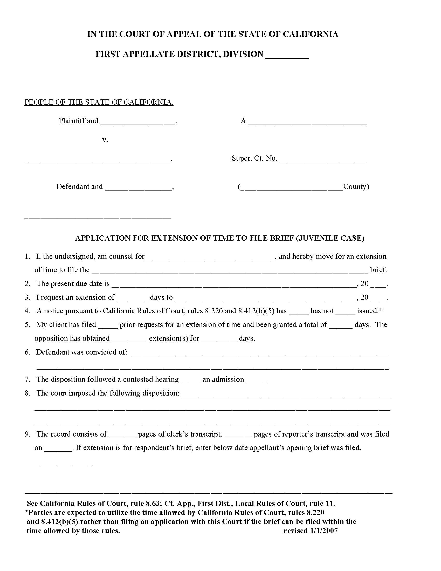 Application For Extention Of Time To File Brief (Juvenile Case) | Pdf Fpdf Doc Docx | California