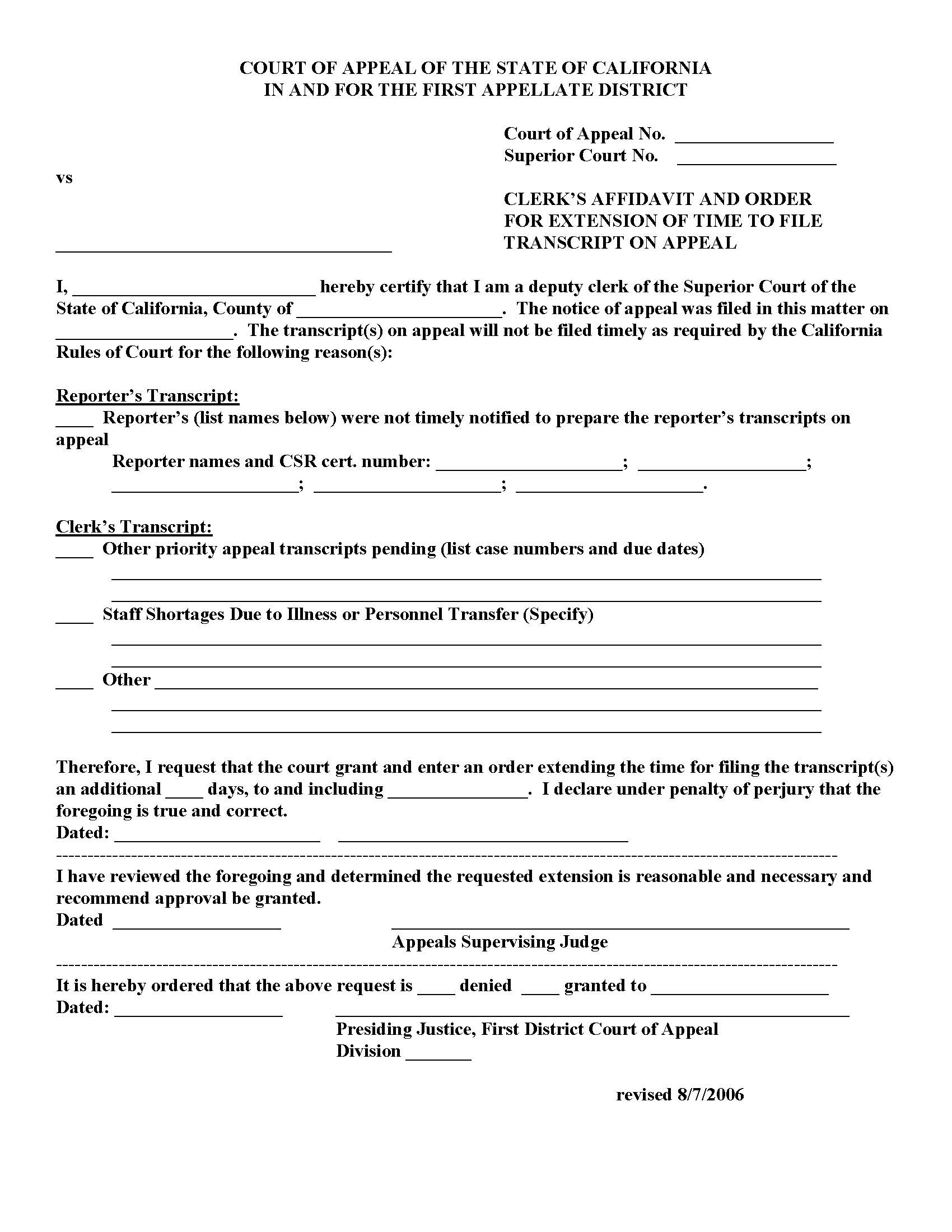 Clerks Affidavit And Order For Extention Of Time To File Transcript On Appeal | Pdf Fpdf Doc Docx | California