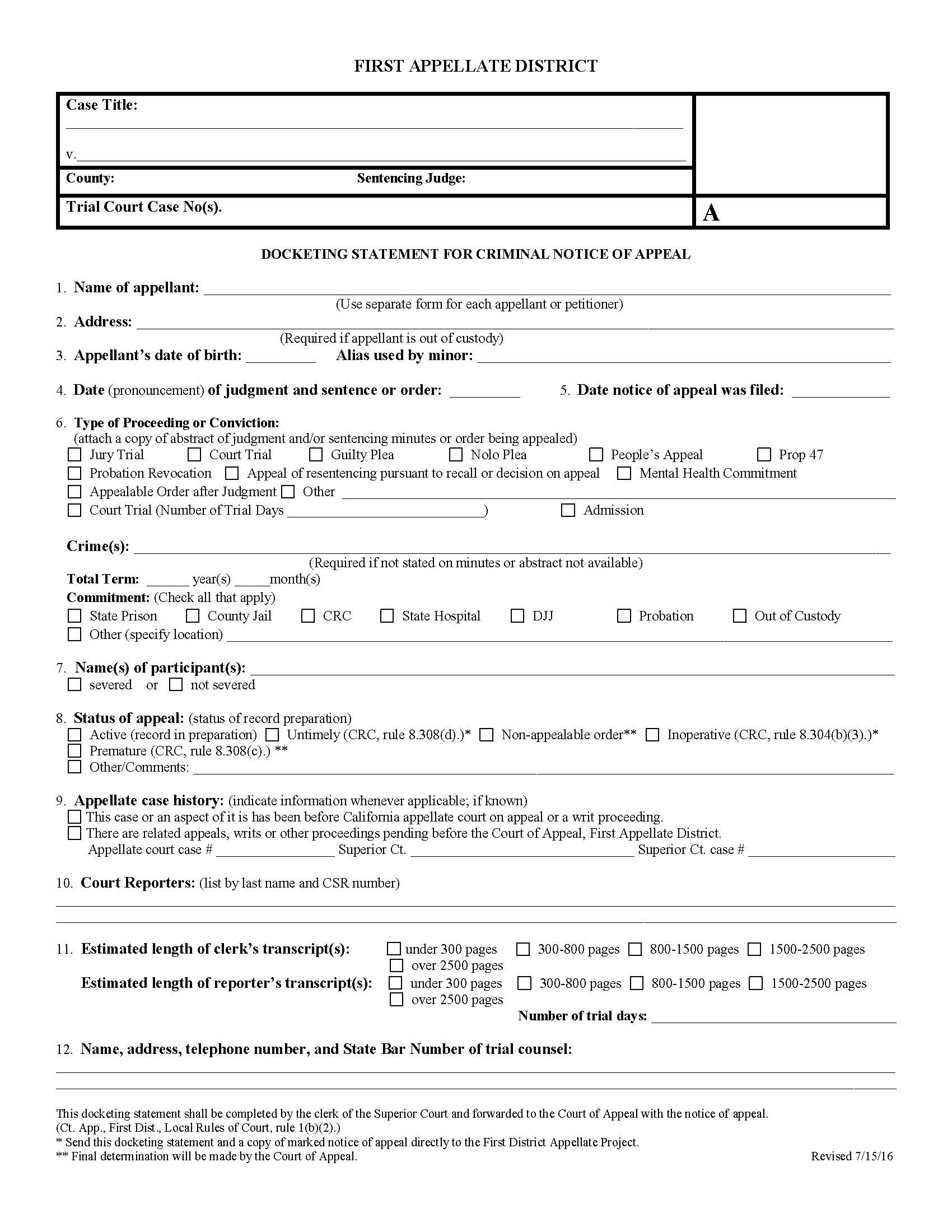 Docketing Statement For Criminal Notice Of Appeal | Pdf Fpdf Doc Docx | California