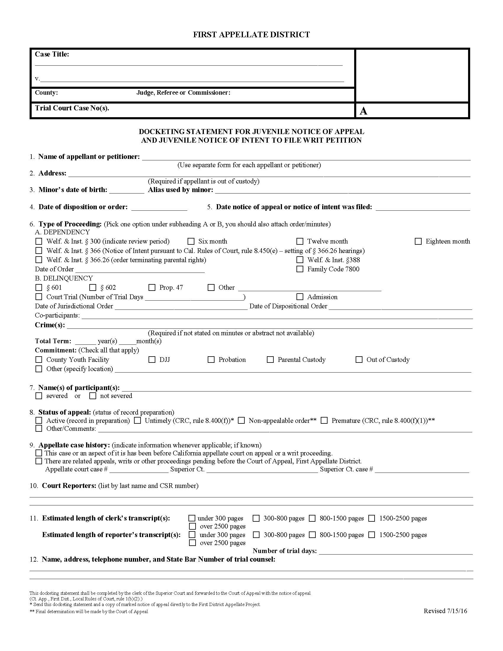 Docketing Statement For Juvenile Notice Of Appeal And Notice Of Intent | Pdf Fpdf Doc Docx | California