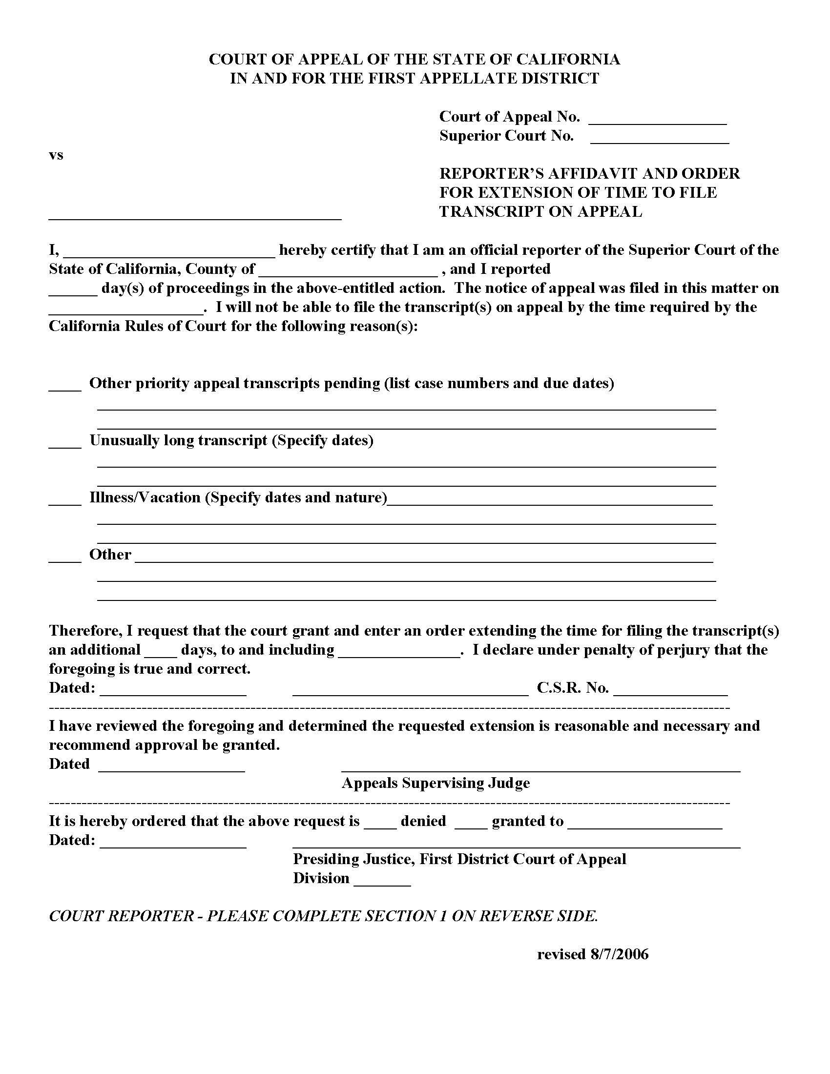 Reporters Affidavit And Order For Extention To File Transcript On Appeal | Pdf Fpdf Doc Docx | California