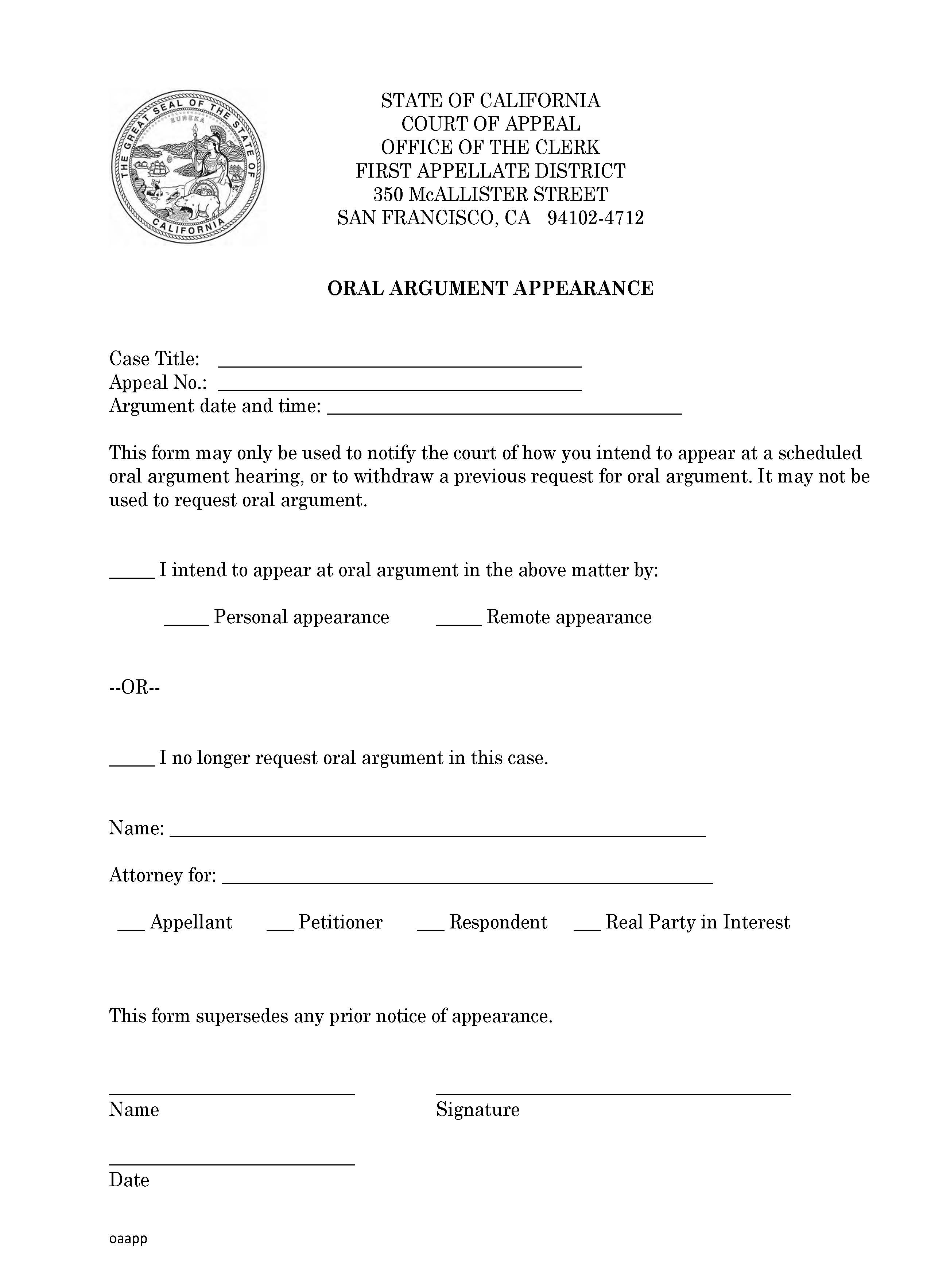 Request For (Oral Argument Appearance) | Pdf Fpdf Docx | California