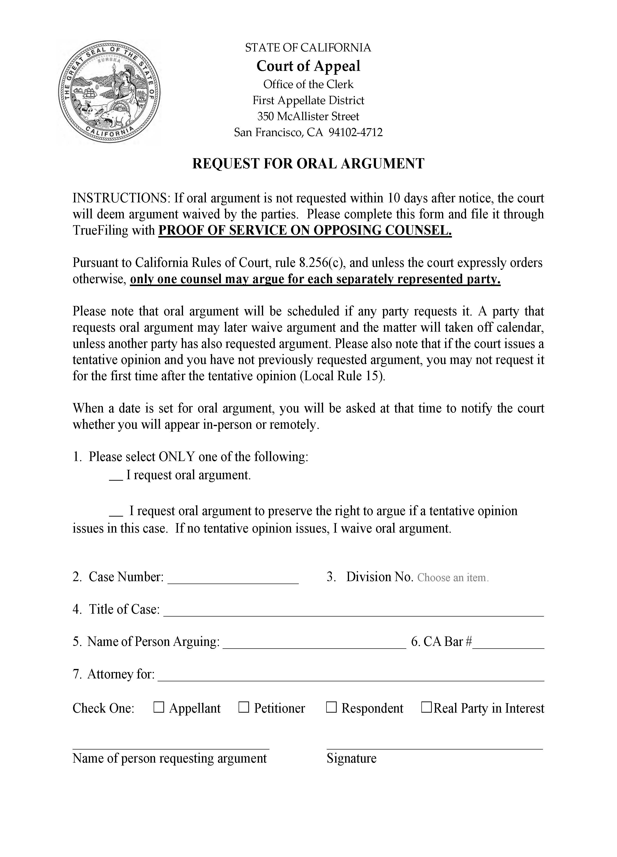 Request For Oral Argument (First Appellate District) | Pdf Fpdf Doc Docx | California