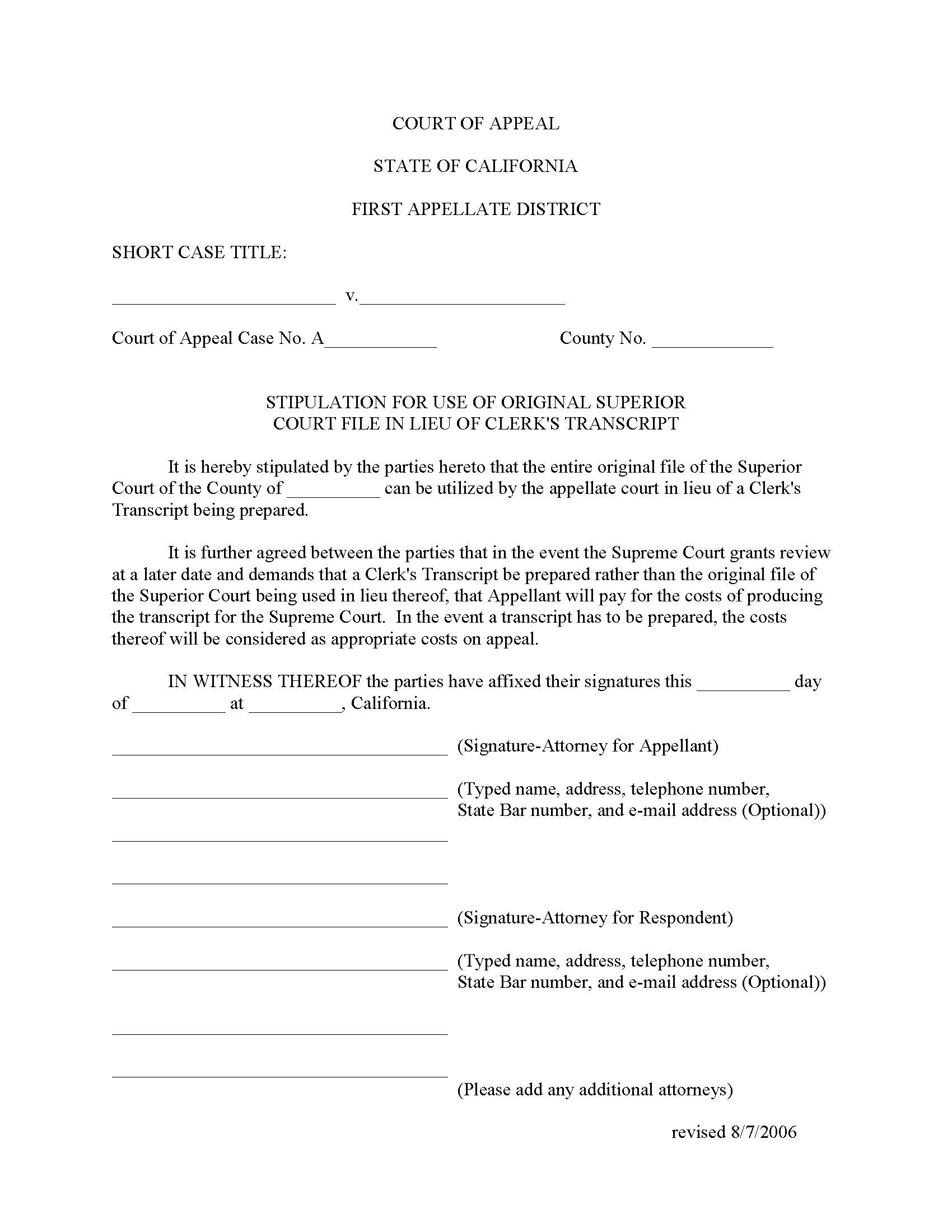 Stipulation For Use Of Original Superior Court File In Lieu Of Clerks Transcript | Pdf Fpdf Doc Docx | California