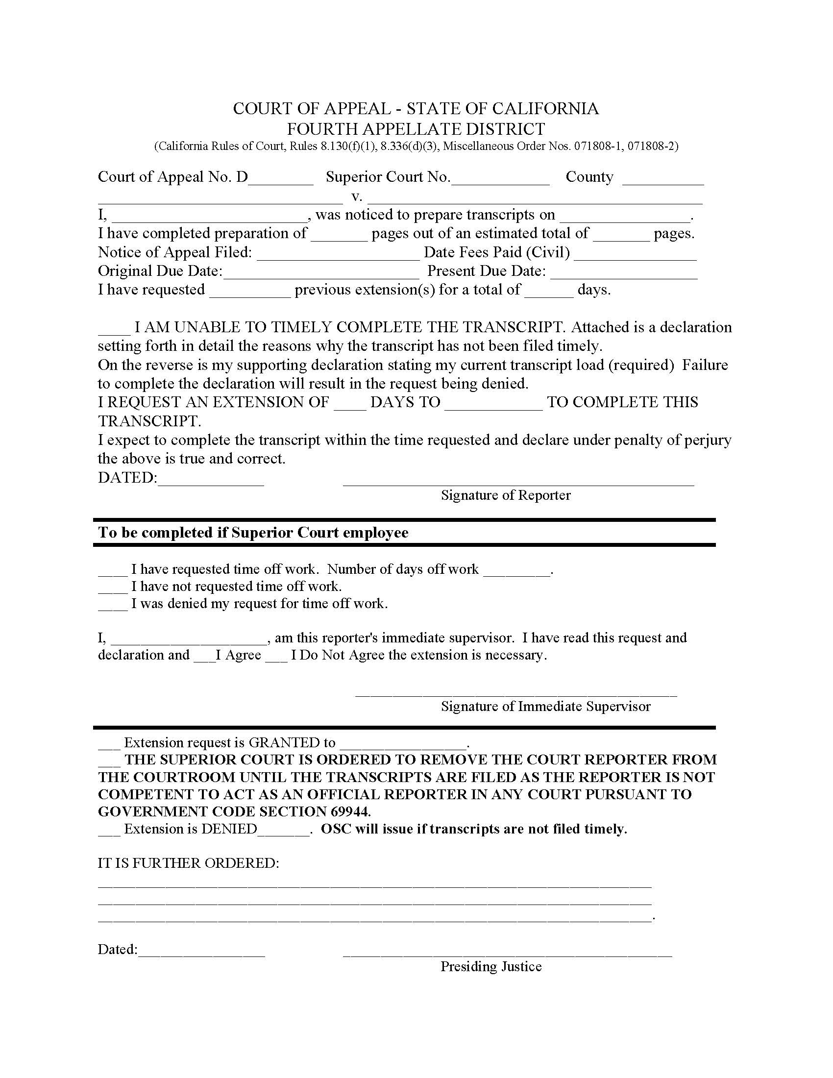 Civil Court Reporter Extension Of Time Form (Division One-San Diego) | Pdf Fpdf Doc Docx | California