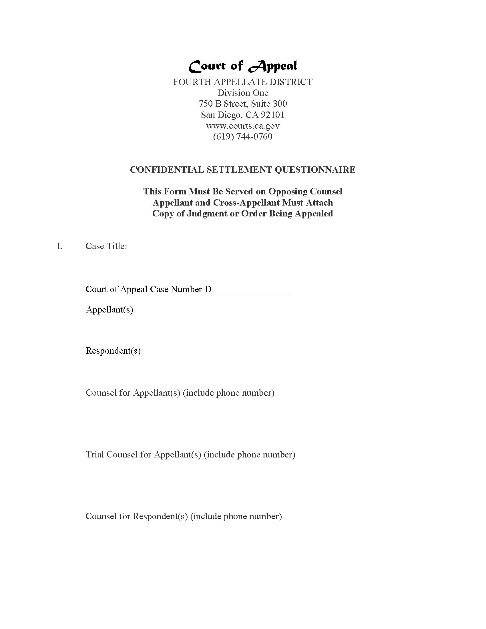 Confidential Settlement Questionnaire (Division One-San Diego) | Pdf Fpdf Docx | California