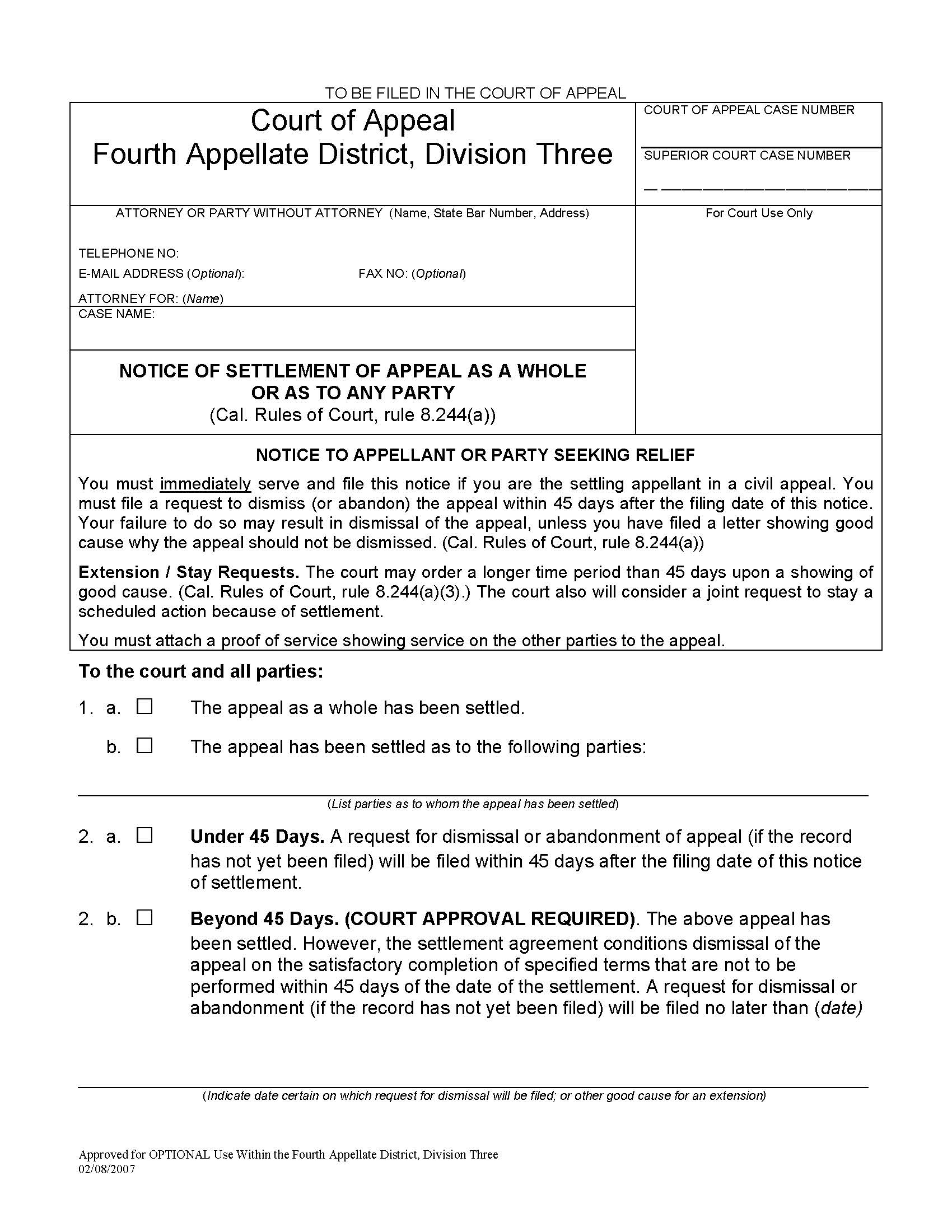 Notice Of Settlement Of Appeal As Whole Or As To Any Party (Division Three-Santa Ana) | Pdf Fpdf Doc Docx | California