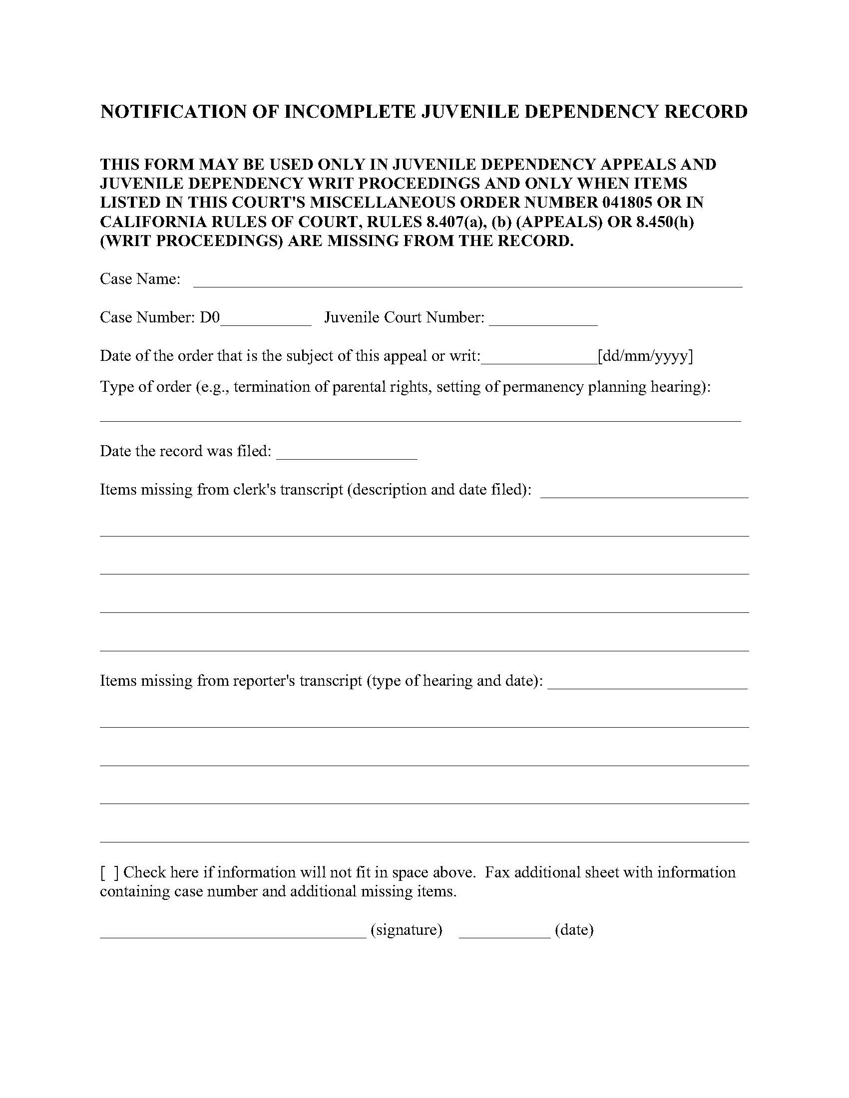 Notification Of Incomplete Juvenile Dependency Record (Division One-San Diego) | Pdf Fpdf Doc Docx | California