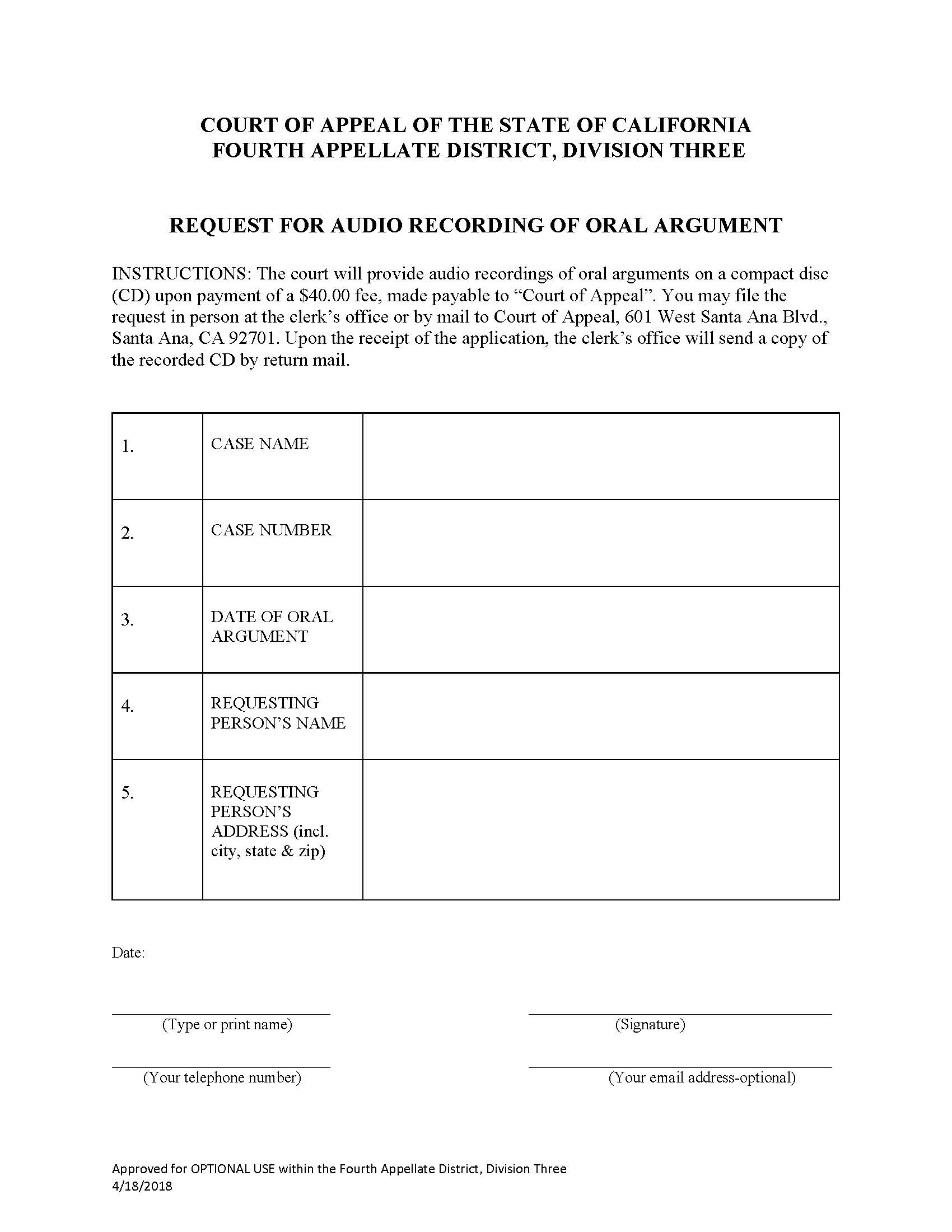 Request For Audio Recording Of Oral Argument (Division Three-Santa Ana) | Pdf Fpdf Docx | California