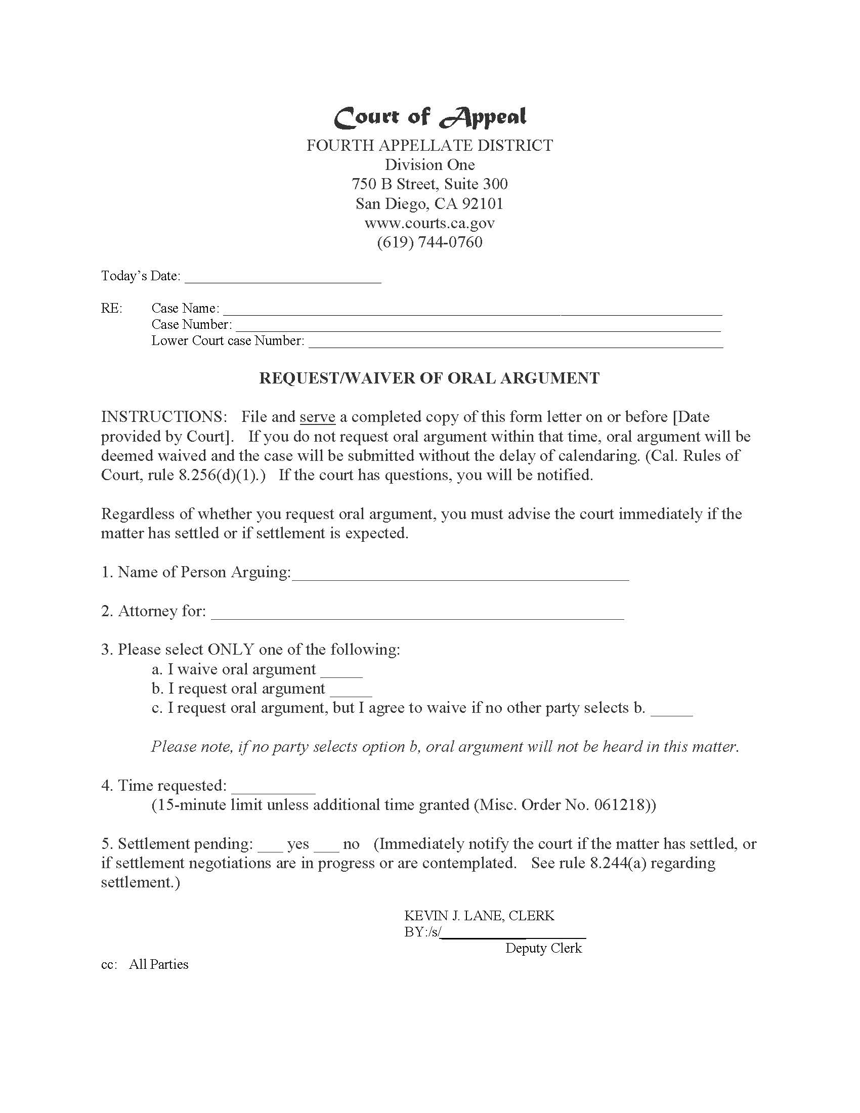 Request-Waiver Of Oral Argument (Division One-San Diego) | Pdf Fpdf Docx | California