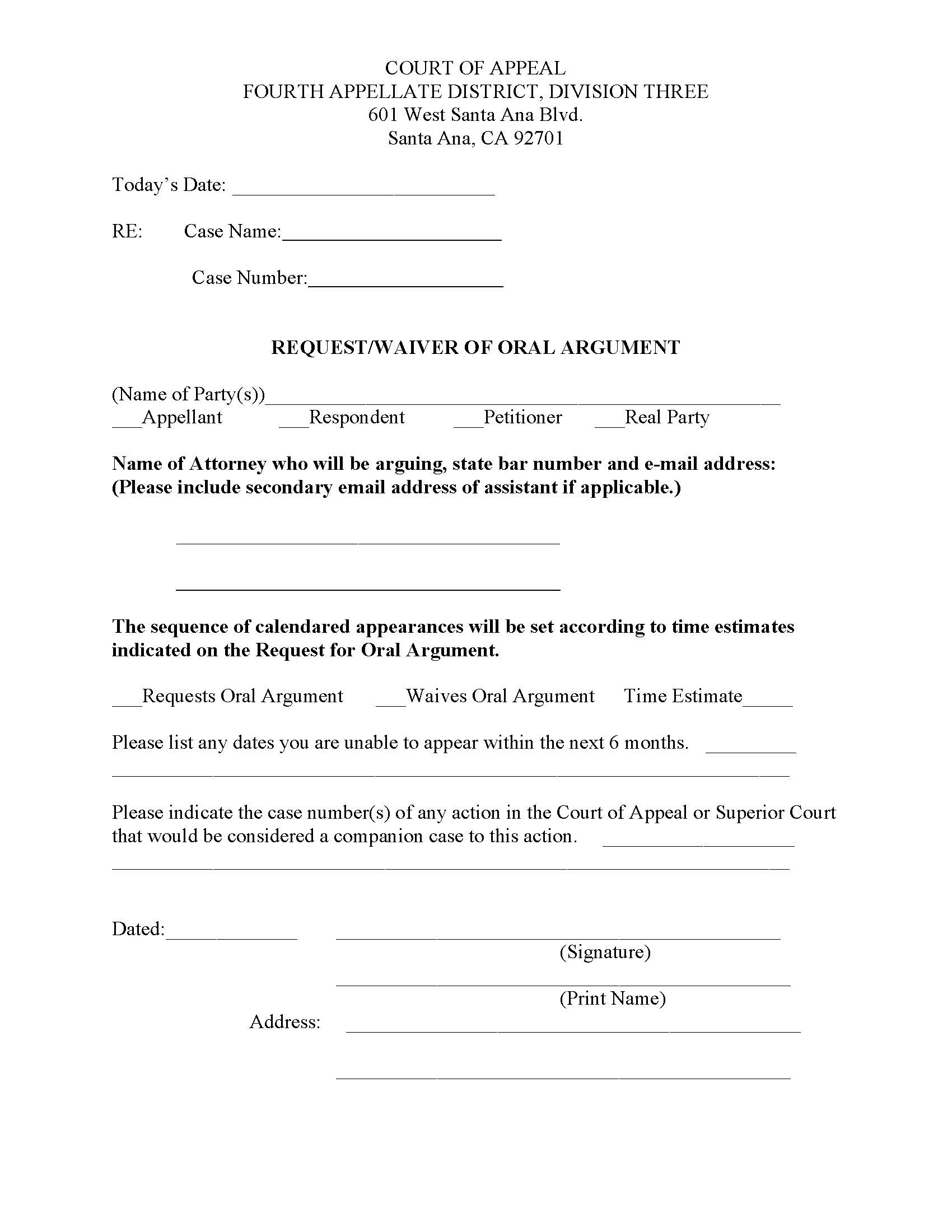 Request-Waiver Of Oral Argument (Division Three-Santa Ana) | Pdf Fpdf Docx | California