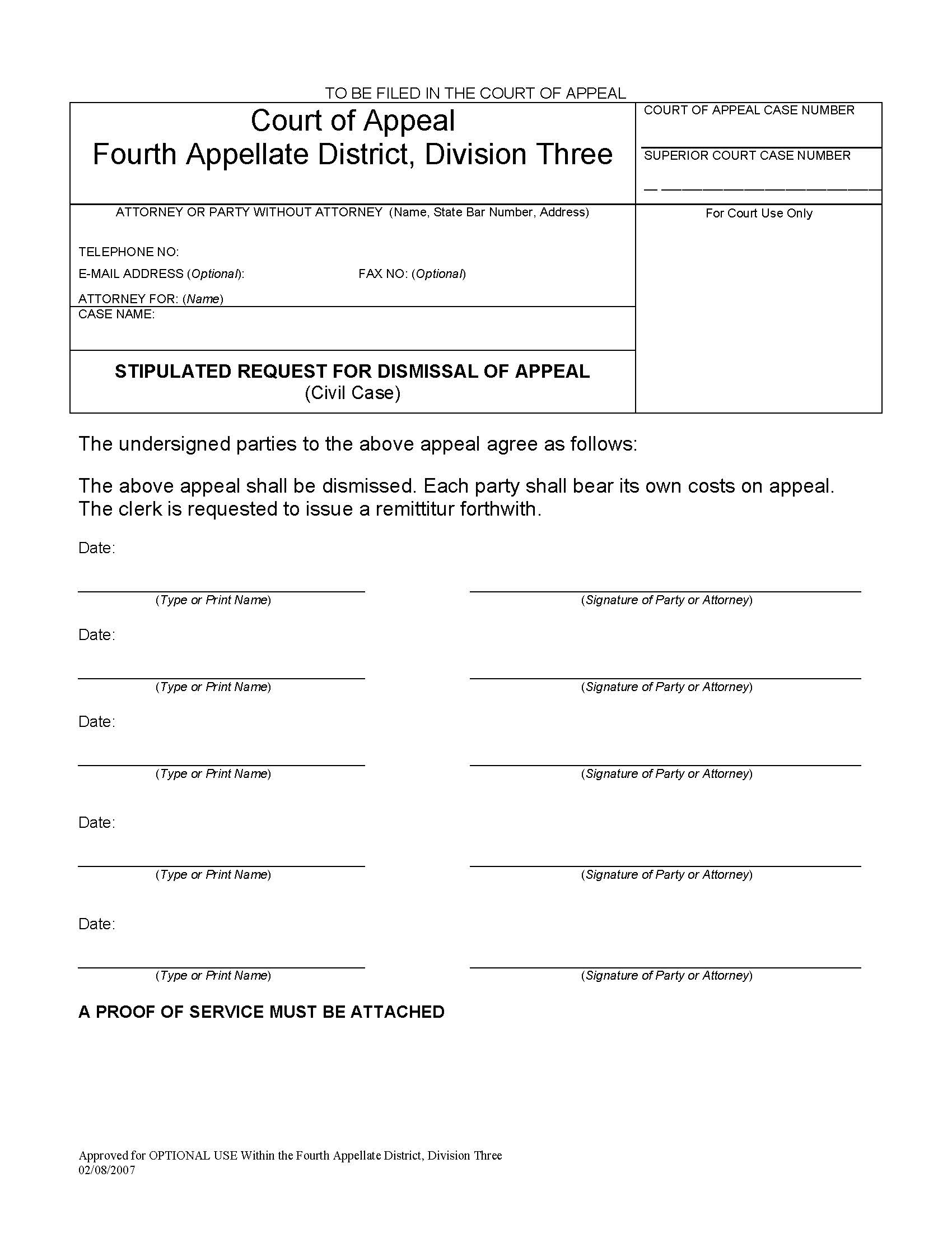 Stipulated Request For Dismissal Of Appeal (Civil Case) (Division Three-Santa Ana) | Pdf Fpdf Doc Docx | California