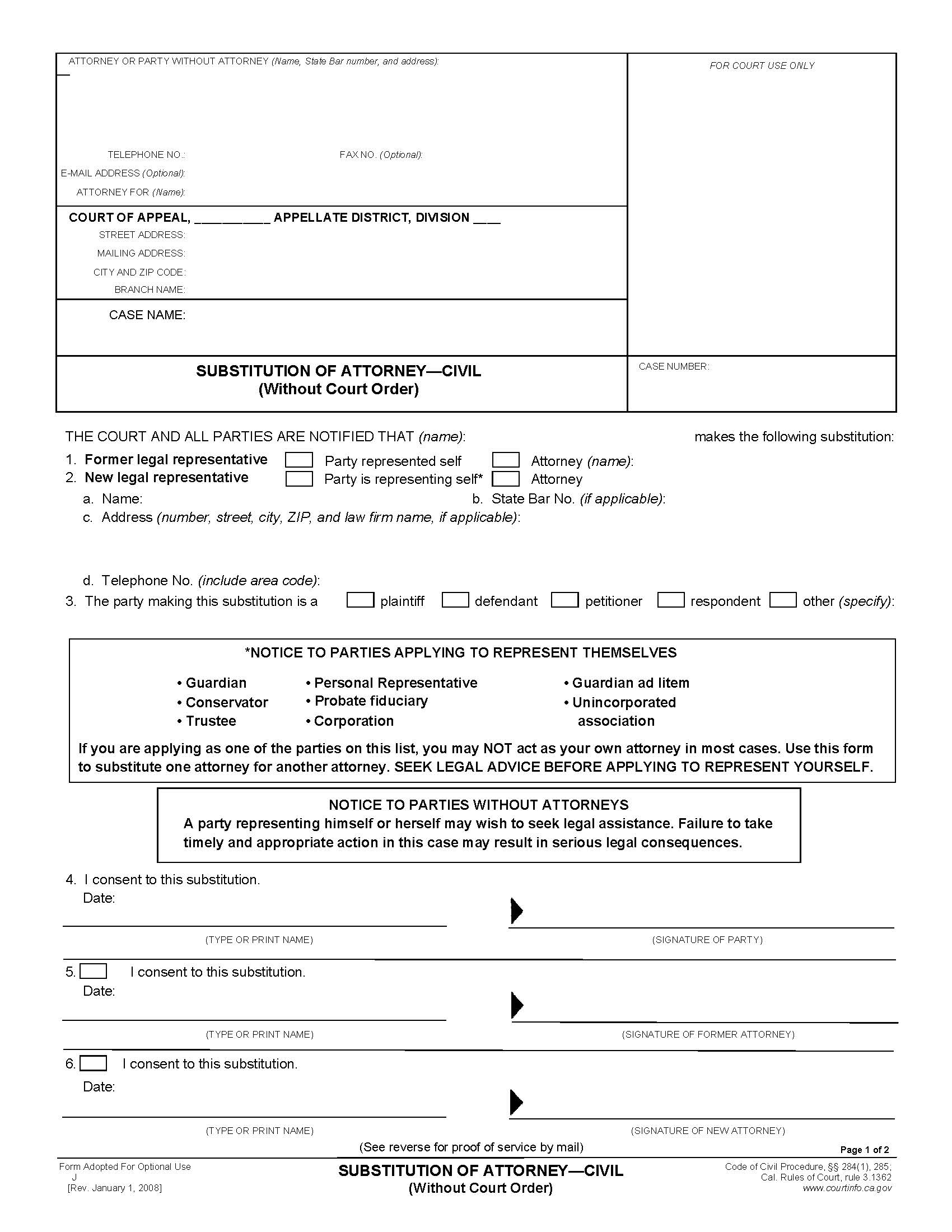 Substitution Of Attorney-Civil (Division One-San Diego) | Pdf Fpdf Doc Docx | California