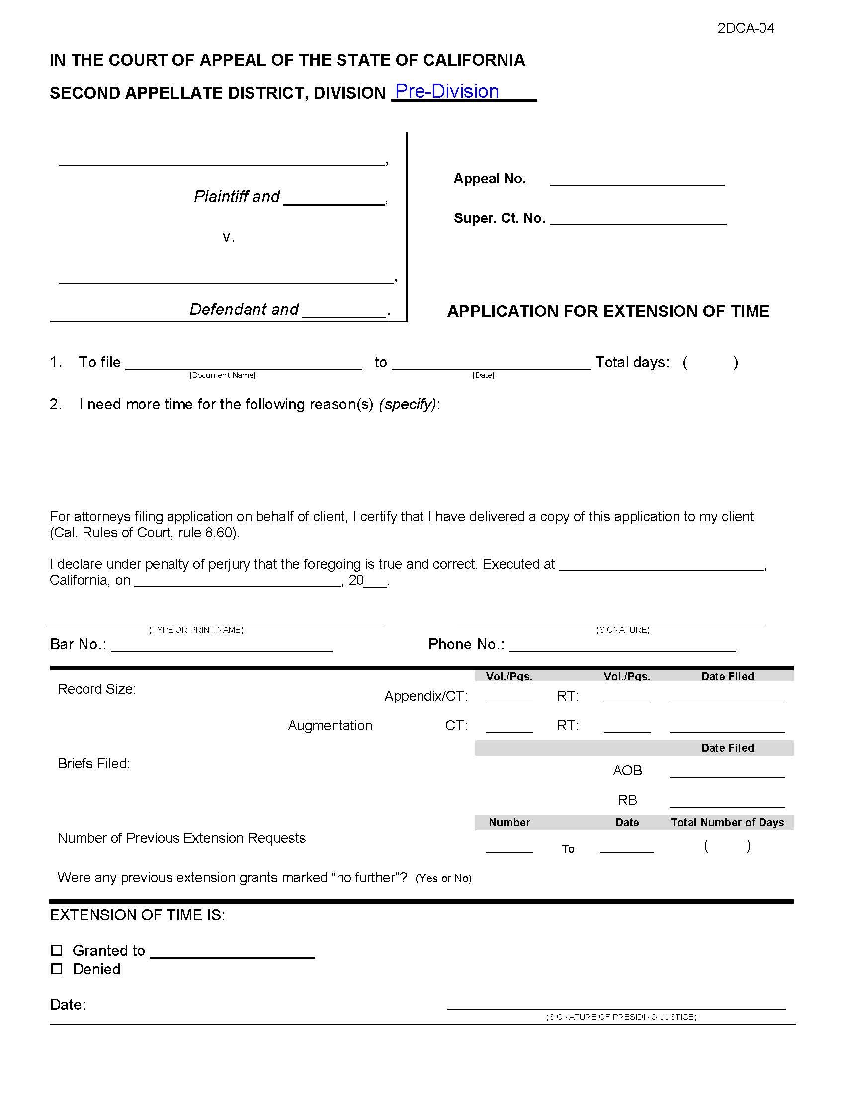 Application For Extension Of Time (Brief) {2DCA-04} | Pdf Fpdf Doc Docx | California