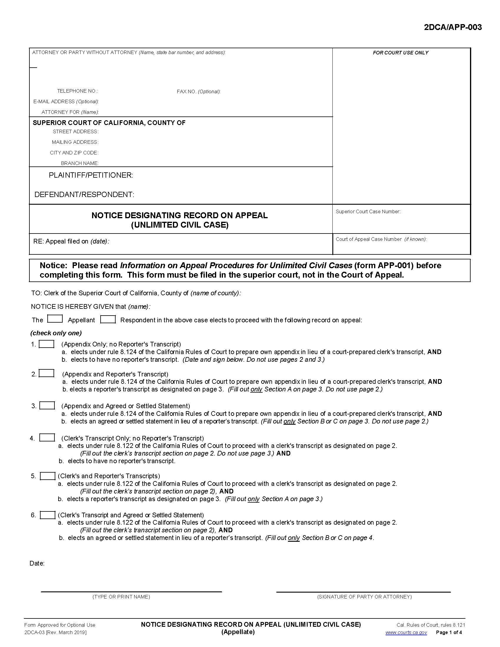 Notice Designating Record On Appeal (Unlimited Civil Case) (Appellate) {2DCA-APP-03} | Pdf Fpdf Docx | California