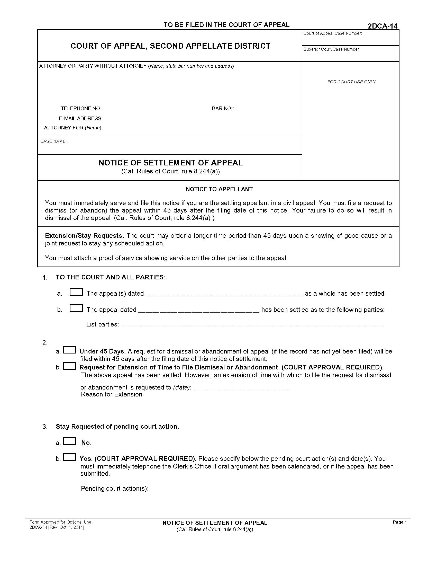 Notice Of Settlement Of Appeal {2DCA-14} | Pdf Fpdf Doc Docx | California