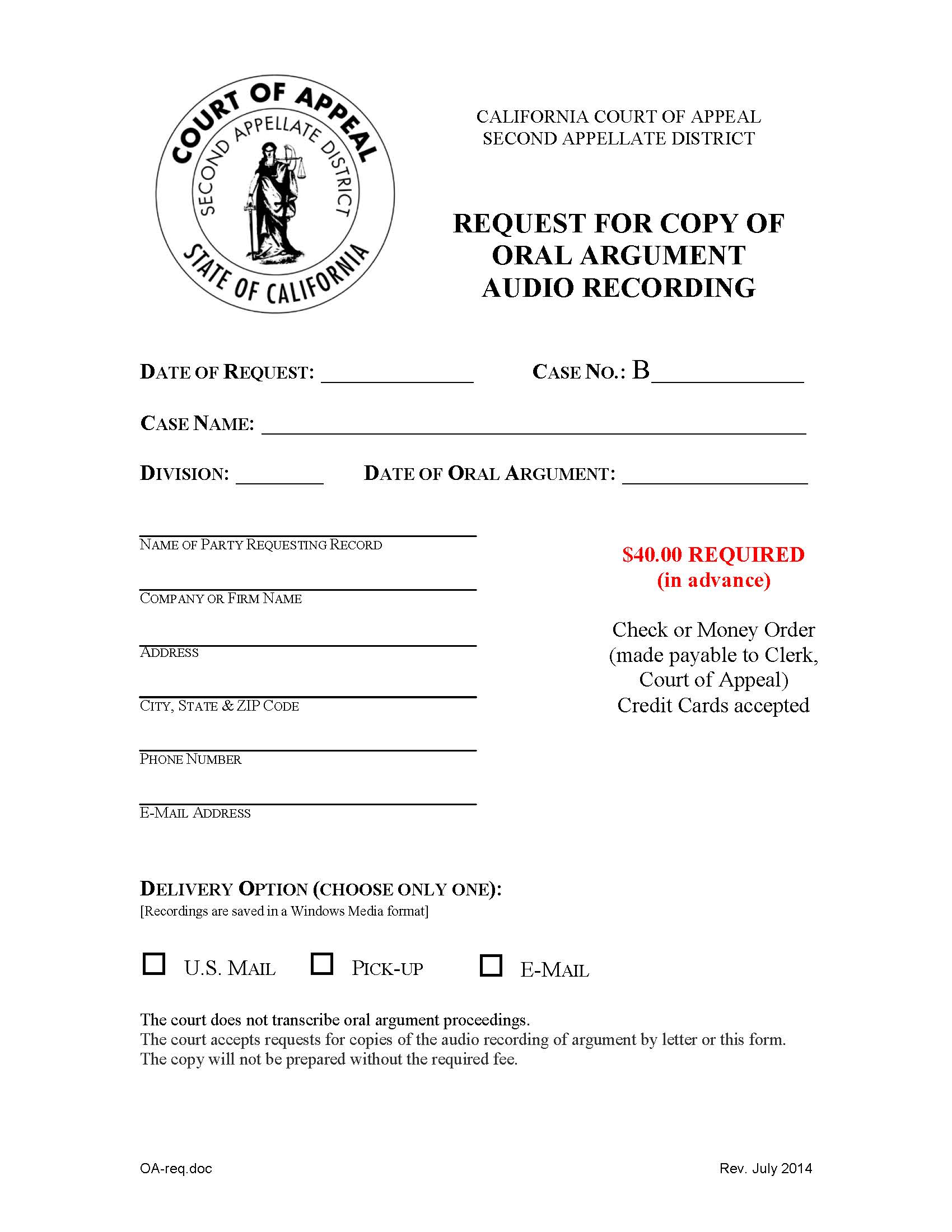 Oral Argument Copy Request Form | Pdf Fpdf Doc Docx | California
