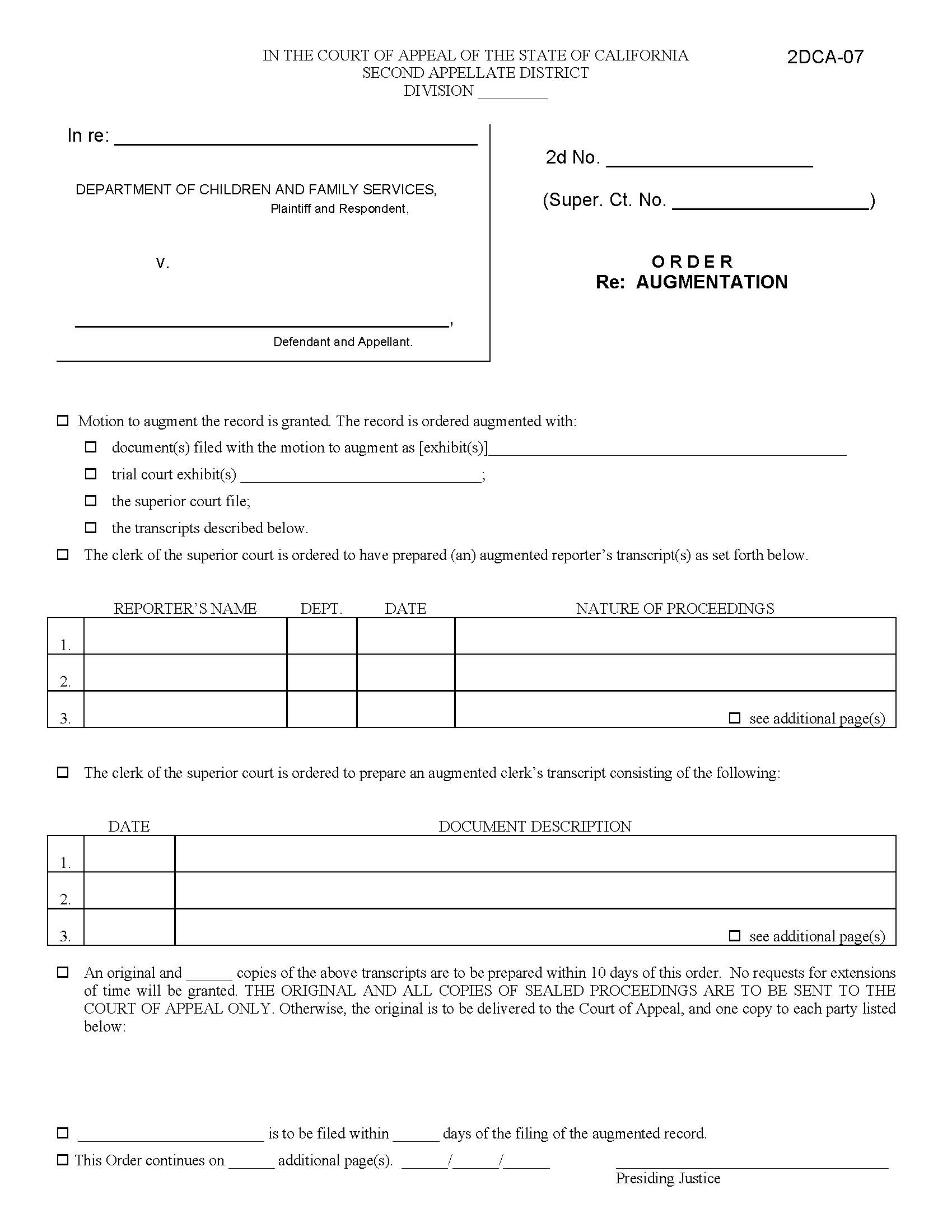 Order Re Augmentation (Juvenile) {2DCA-07} | Pdf Fpdf Docx | California