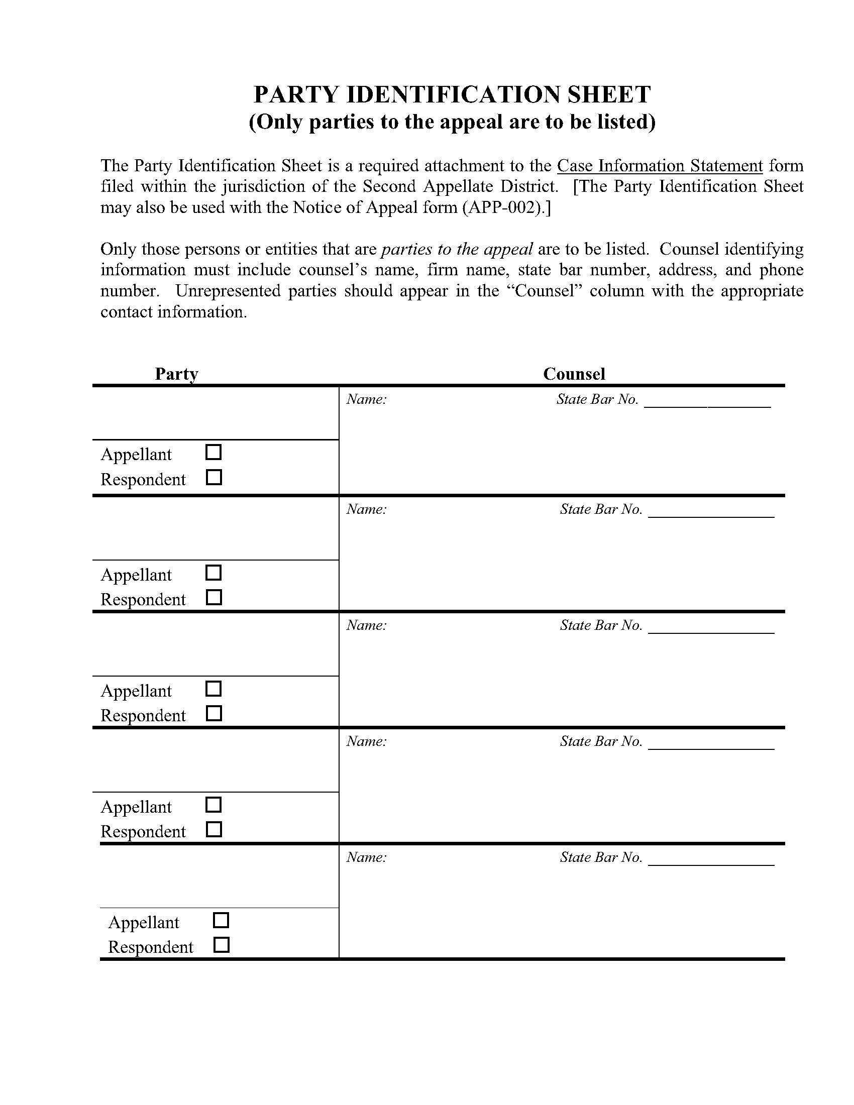 Party Identification Sheet | Pdf Fpdf Doc Docx | California