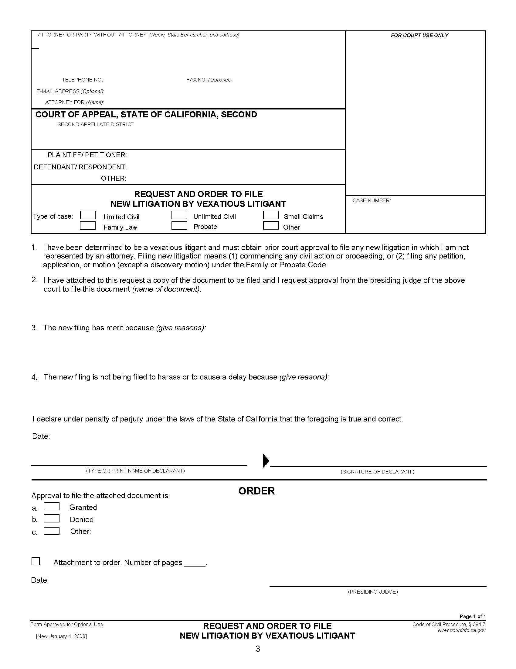 Request And Order To File New Litigation By Vexatious Litigant (Second Appellate District) | Pdf Fpdf Doc Docx | California