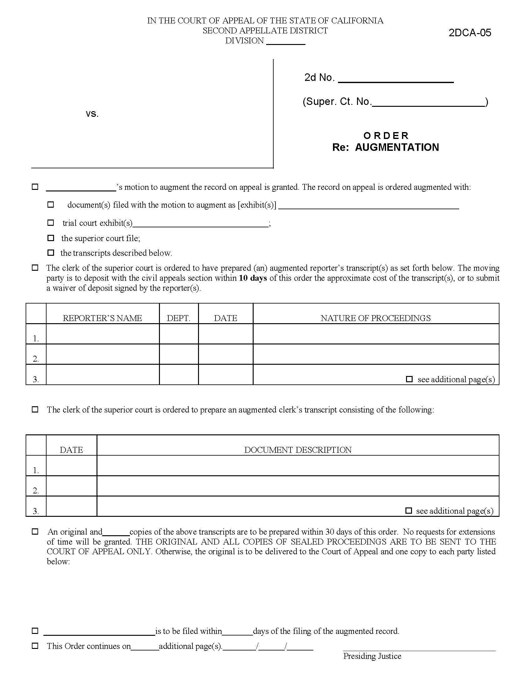 Request For Augmentation Of Record Proposed Order (Civil) {2DCA-05} | Pdf Fpdf Doc Docx | California