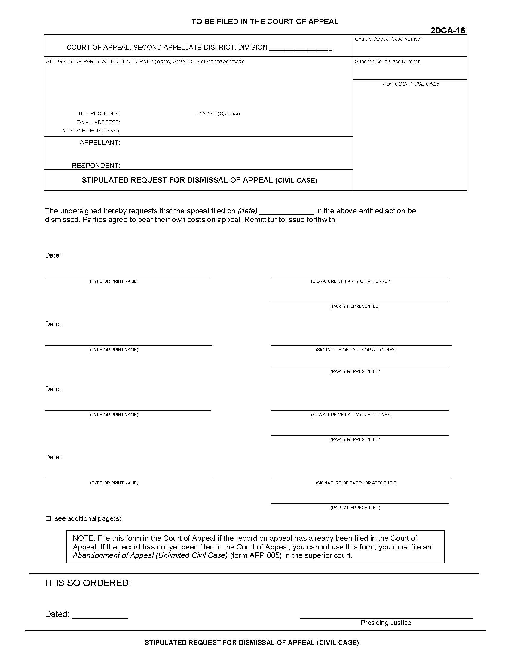 Stipulated Request For Dismissal Of Appeal (Civil Case) {2DCA-16} | Pdf Fpdf Doc Docx | California
