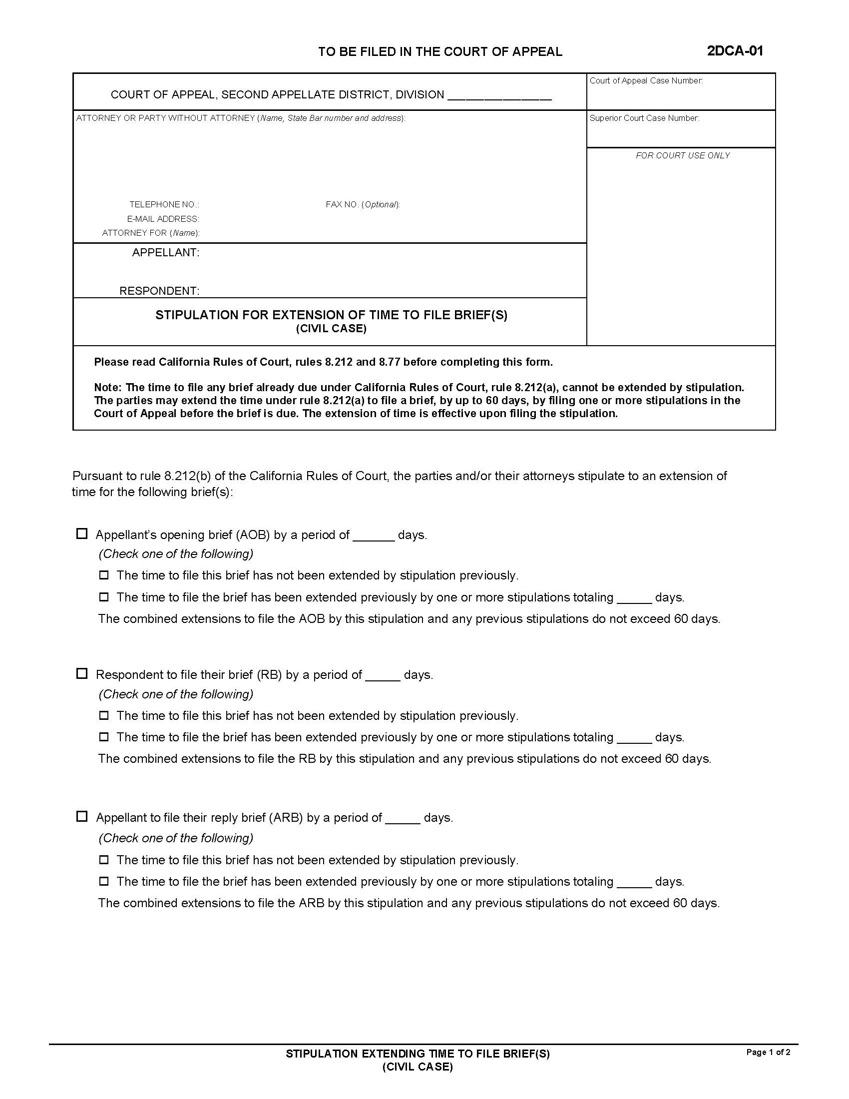 Stipulation For Extension Of Time {2DCA-01} | Pdf Fpdf Doc Docx | California