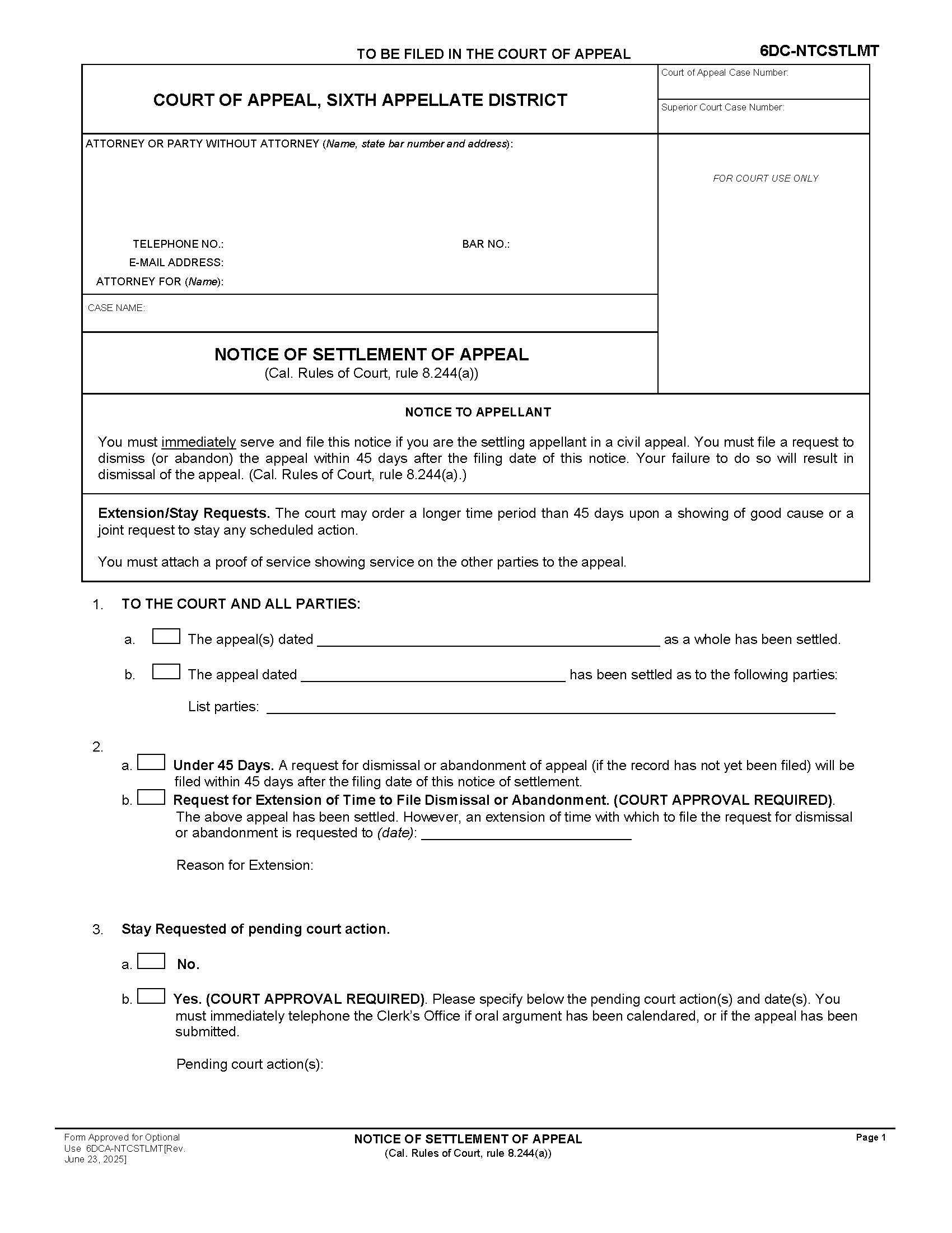 Appellants (Notice Of Settlement Of Appeal) {6DC-NTCSTLMT} | Pdf Fpdf Docx | California