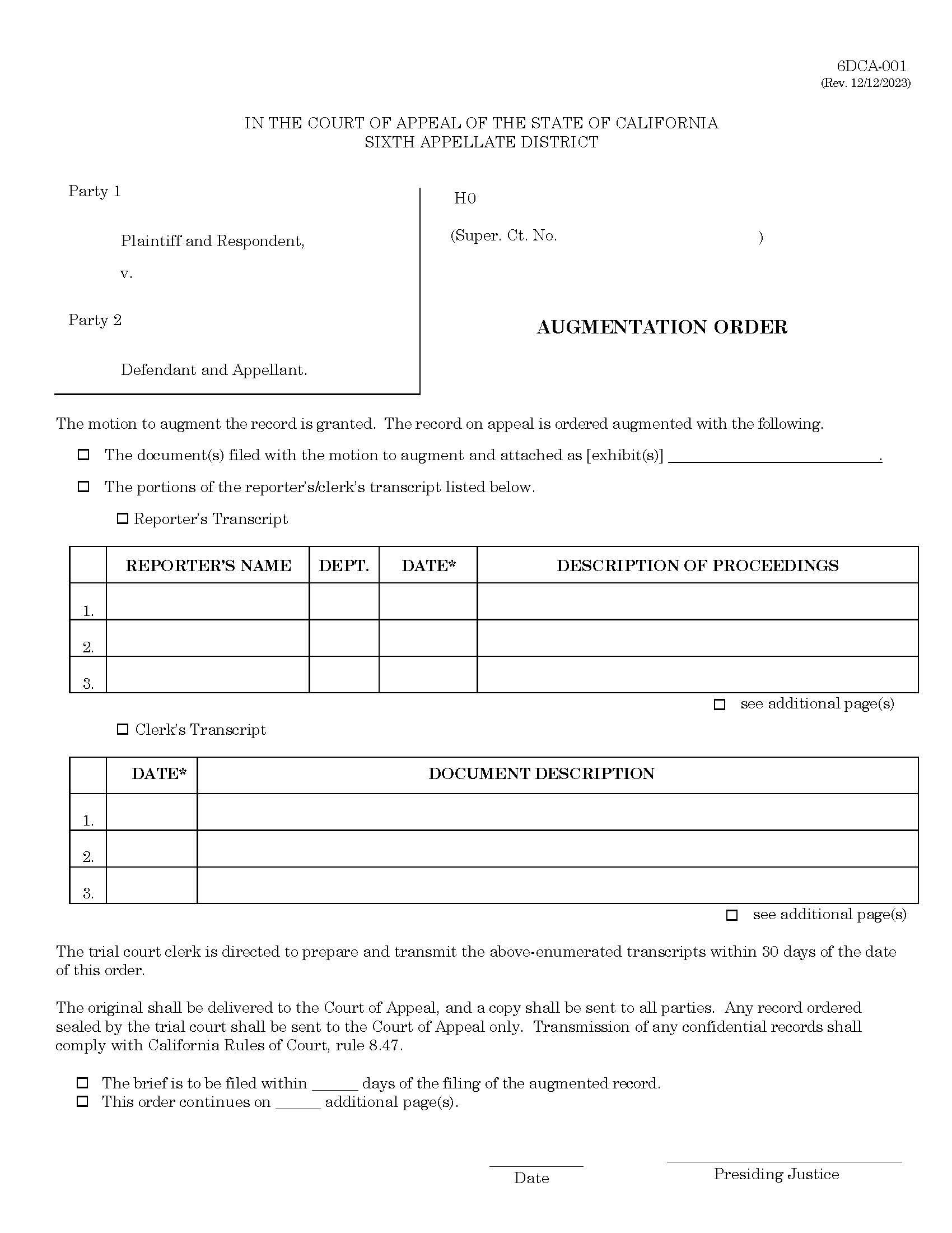 Augmentation Of Record Proposed Order (Civil) {6DCA-001} | Pdf Fpdf Doc Docx | California