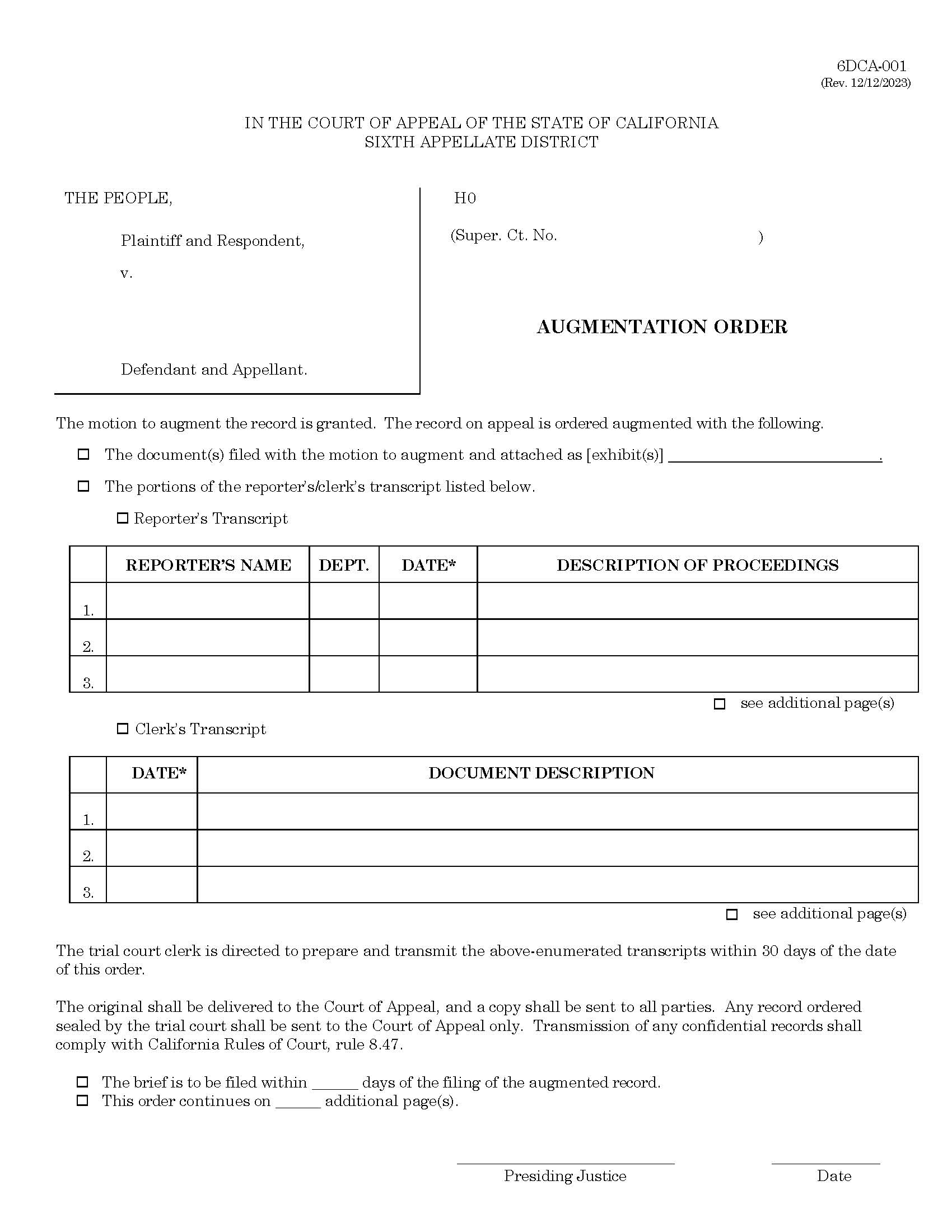 Augmentation Of Record Proposed Order (Criminal) {6DCA-001} | Pdf Fpdf Doc Docx | California