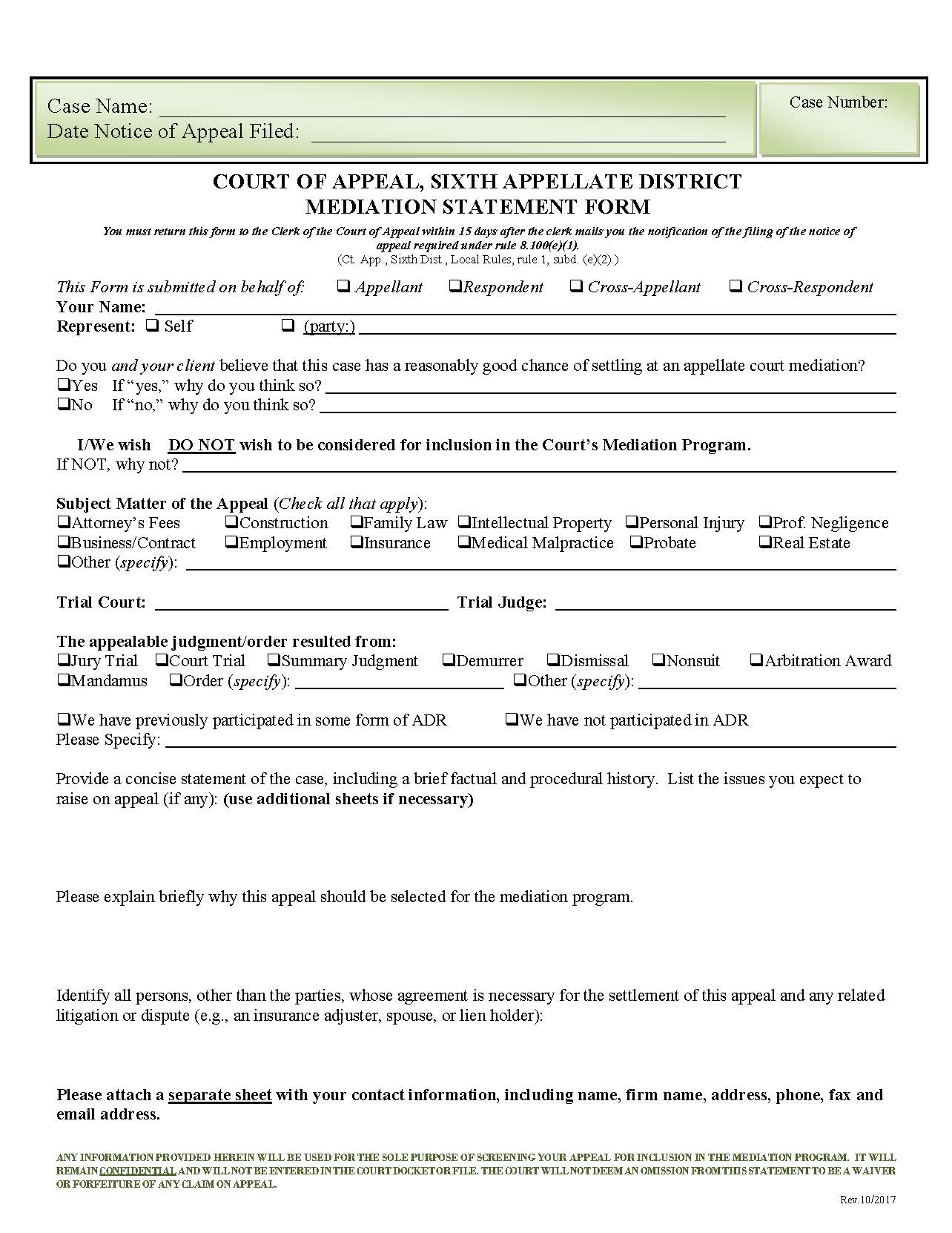 Mediation Statement Form | Pdf Fpdf Doc Docx | California