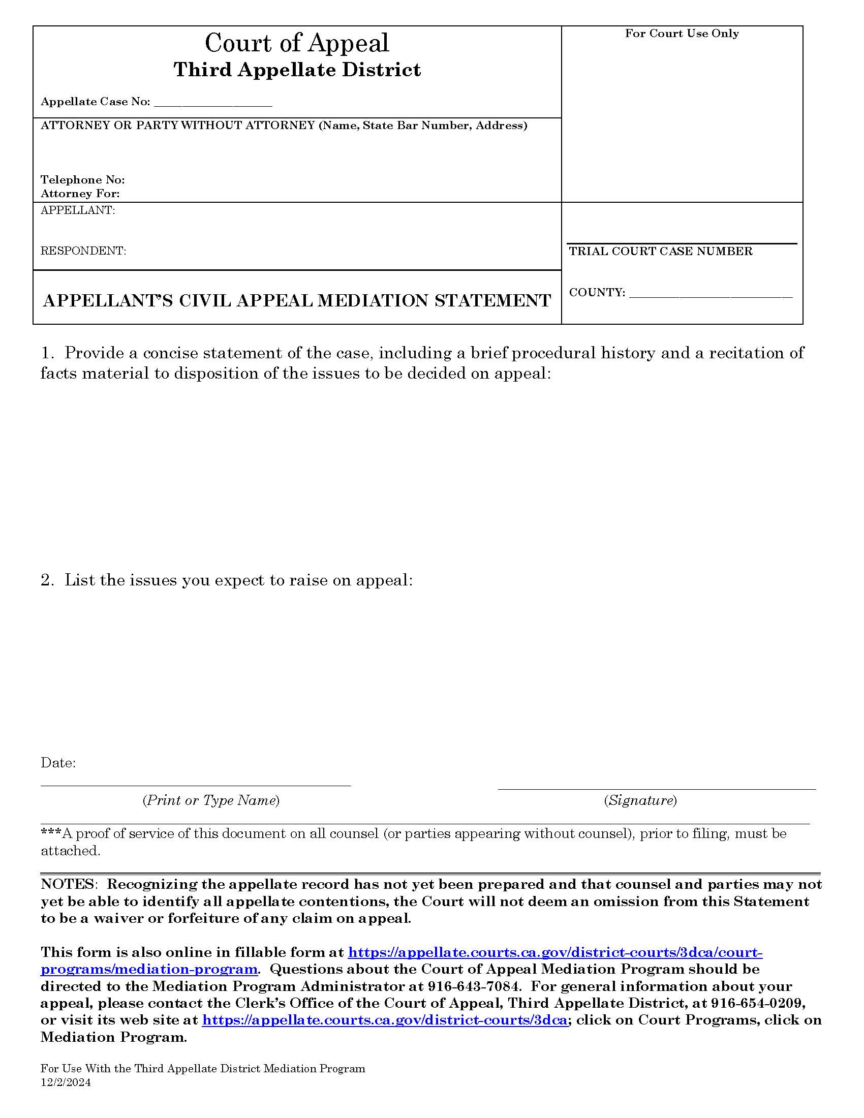 Appellants Civil Appeal Mediation Statement | Pdf Fpdf Doc Docx | California
