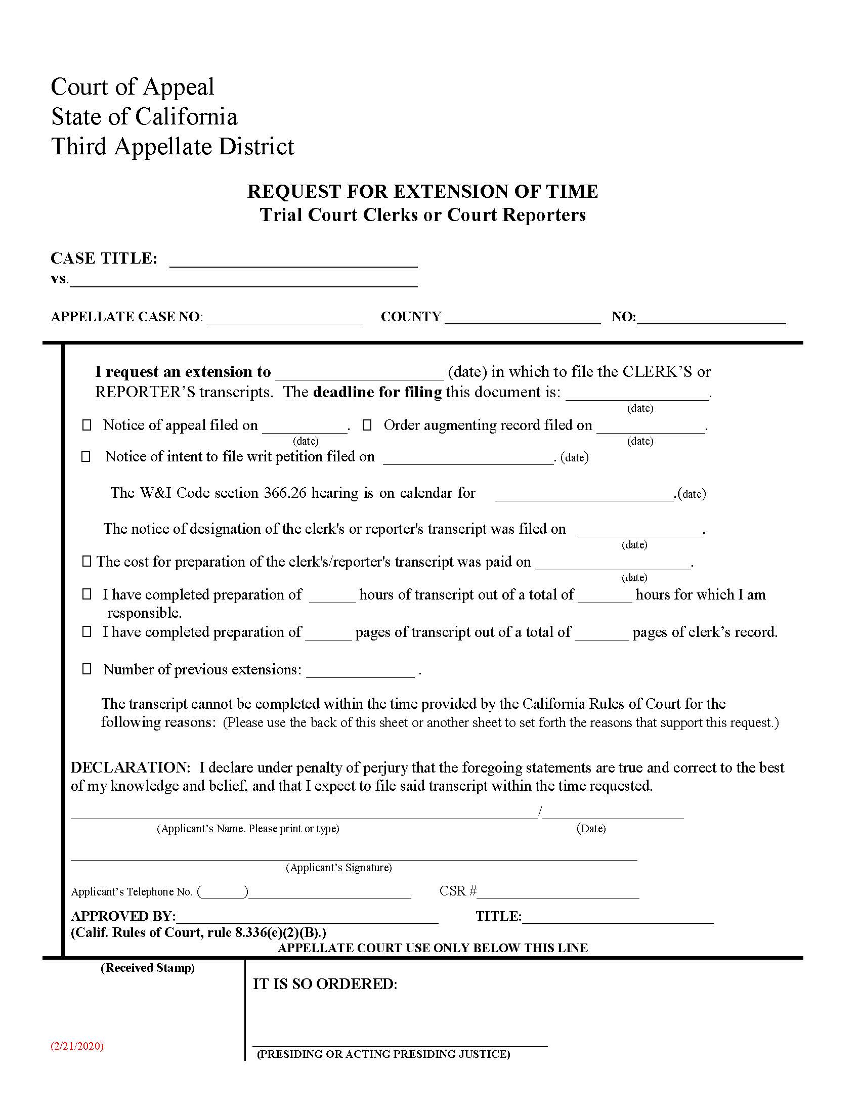 Request For Extension Of Time Trial Clerks Or Court Reporters | Pdf Fpdf Doc Docx | California