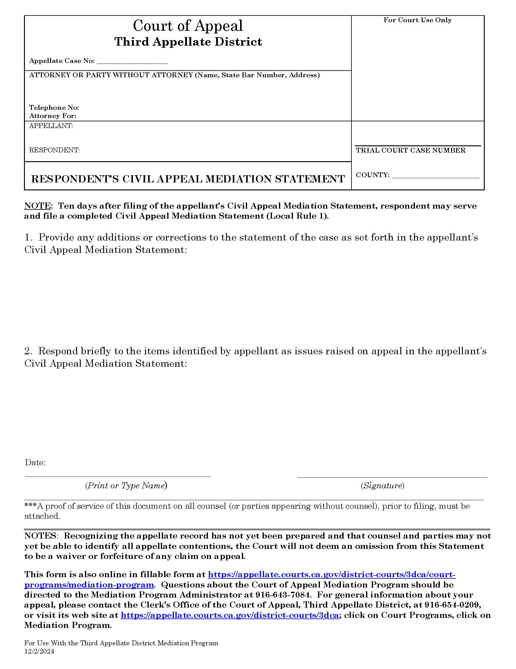 Respondents Civil Appeal Mediation Statement | Pdf Fpdf Doc Docx | California