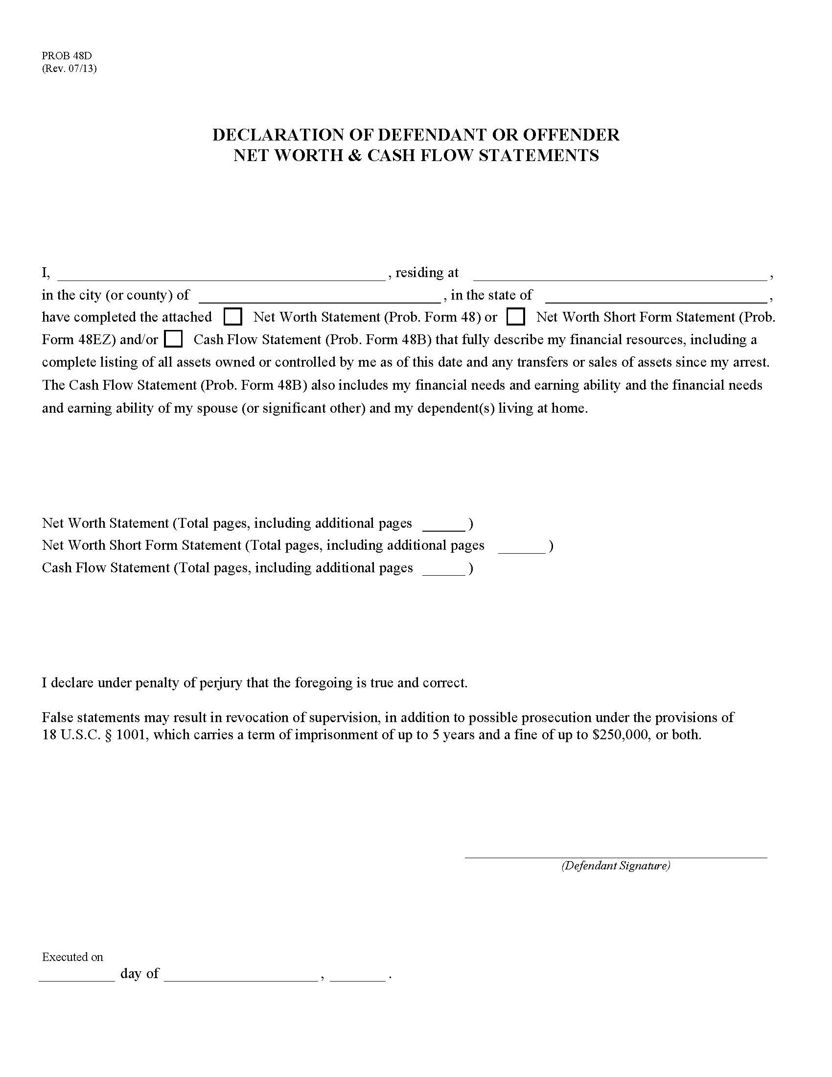 Declaration Of Dedendant Or Offender Net Worth And Cash Flow Statements {PROB-0048D} | Pdf Fpdf Docx | California
