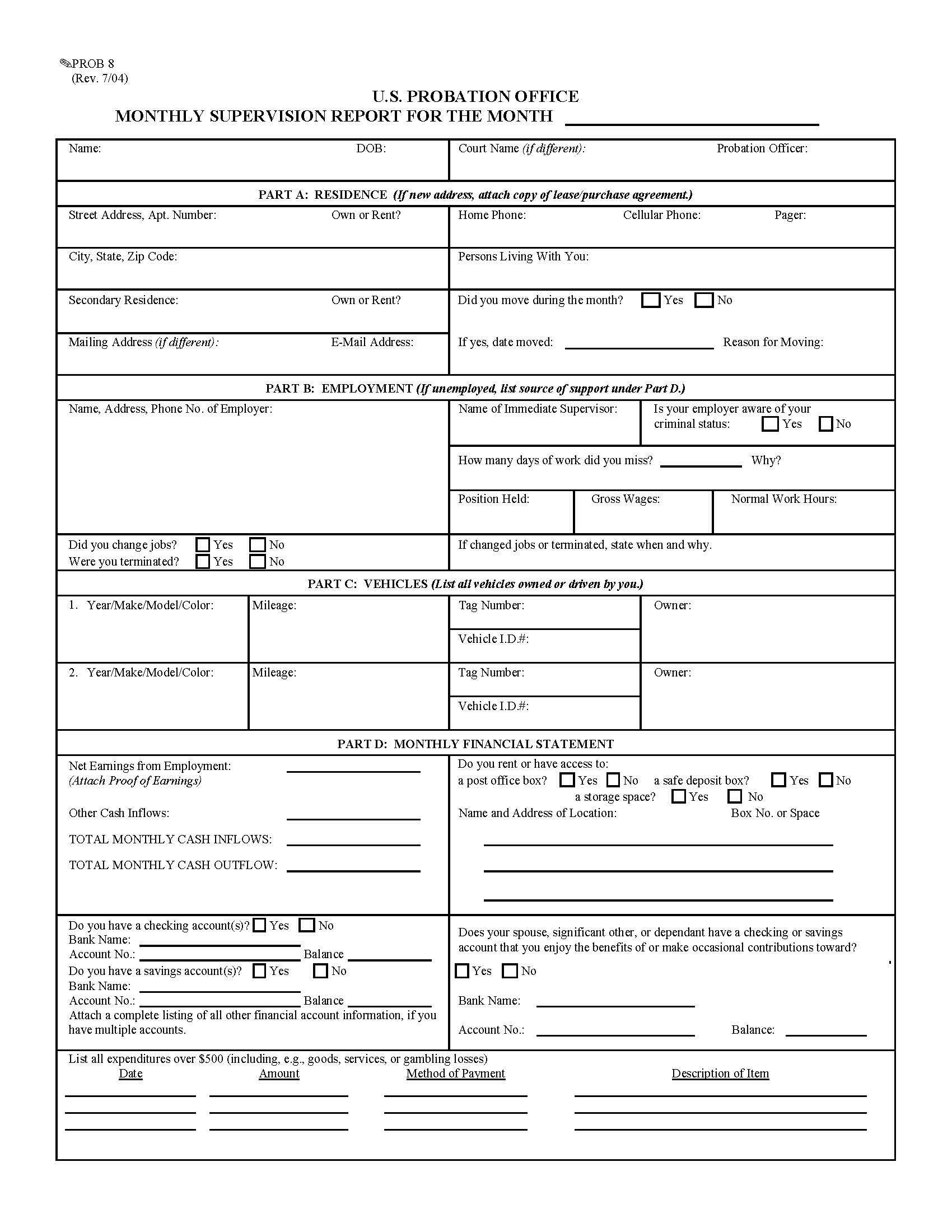 Monthly Supervision Report {PROB 8} | Pdf Fpdf Doc Docx | California