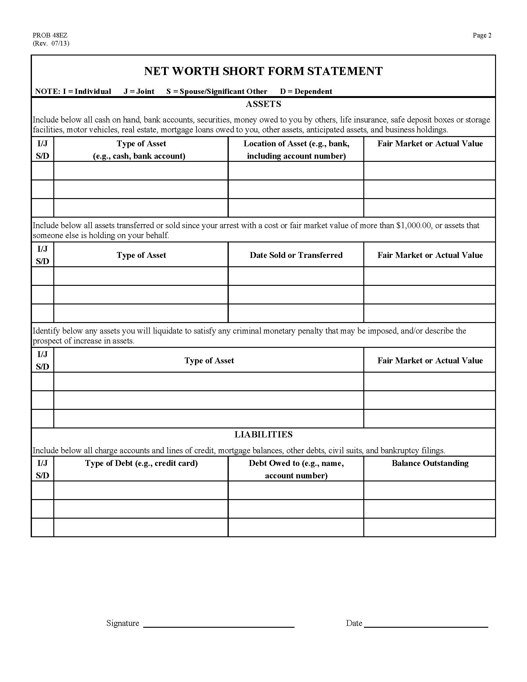 Net Worth Short Form Statement {PROB 48EZ} | Pdf Fpdf Docx | California