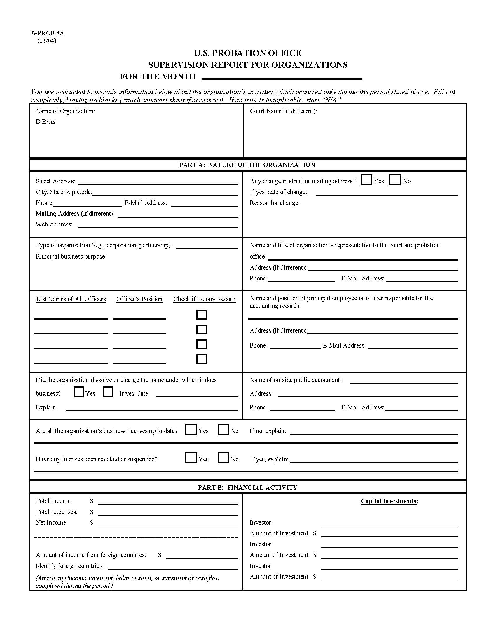 Supervision Report For Organizations {PROB 8A} | Pdf Fpdf Doc Docx | California