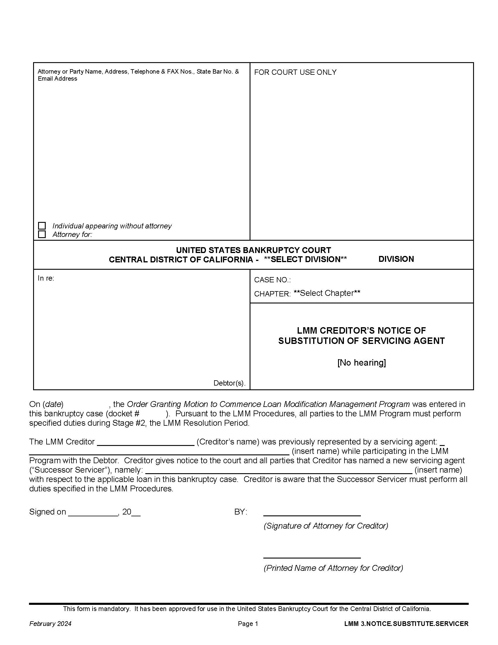 LMM Creditors Notice Of Substitution Of Servicing Agent {LMM 3.NOTICE.SUBSTITUTE.SERVICER} | Pdf Fpdf Docx | California