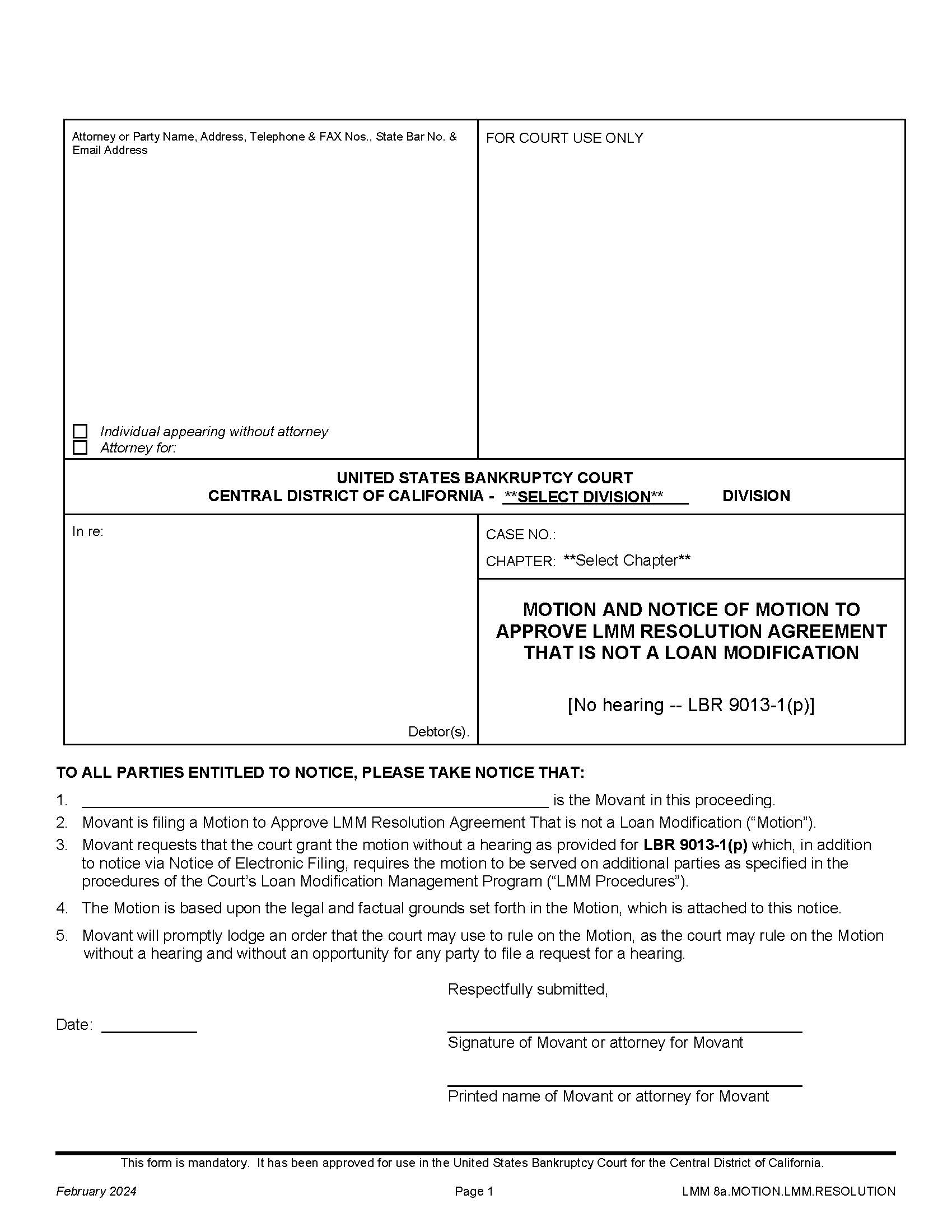 Motion And Notice Of Motion To Approve LMM Resolution Agreement {LMM 8a.MOTION.LMM.RESOLUTION} | Pdf Fpdf Docx | California