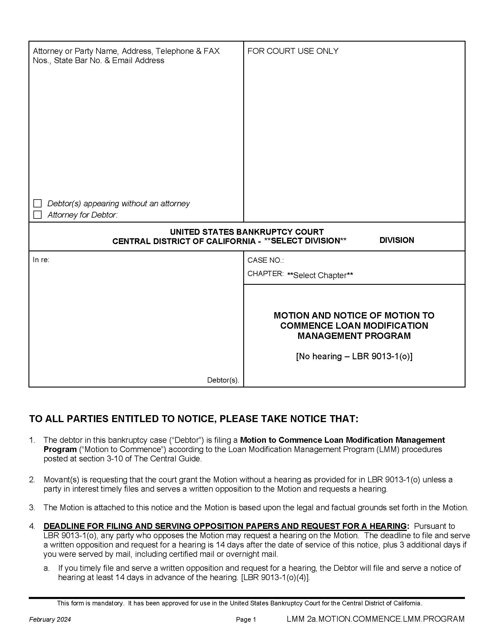 Motion And Notice Of Motion To Commence Loan Modification Management Program {LMM 2a.MOTION.COMMENCE.LMM.PROGRAM} | Pdf Fpdf Docx | California