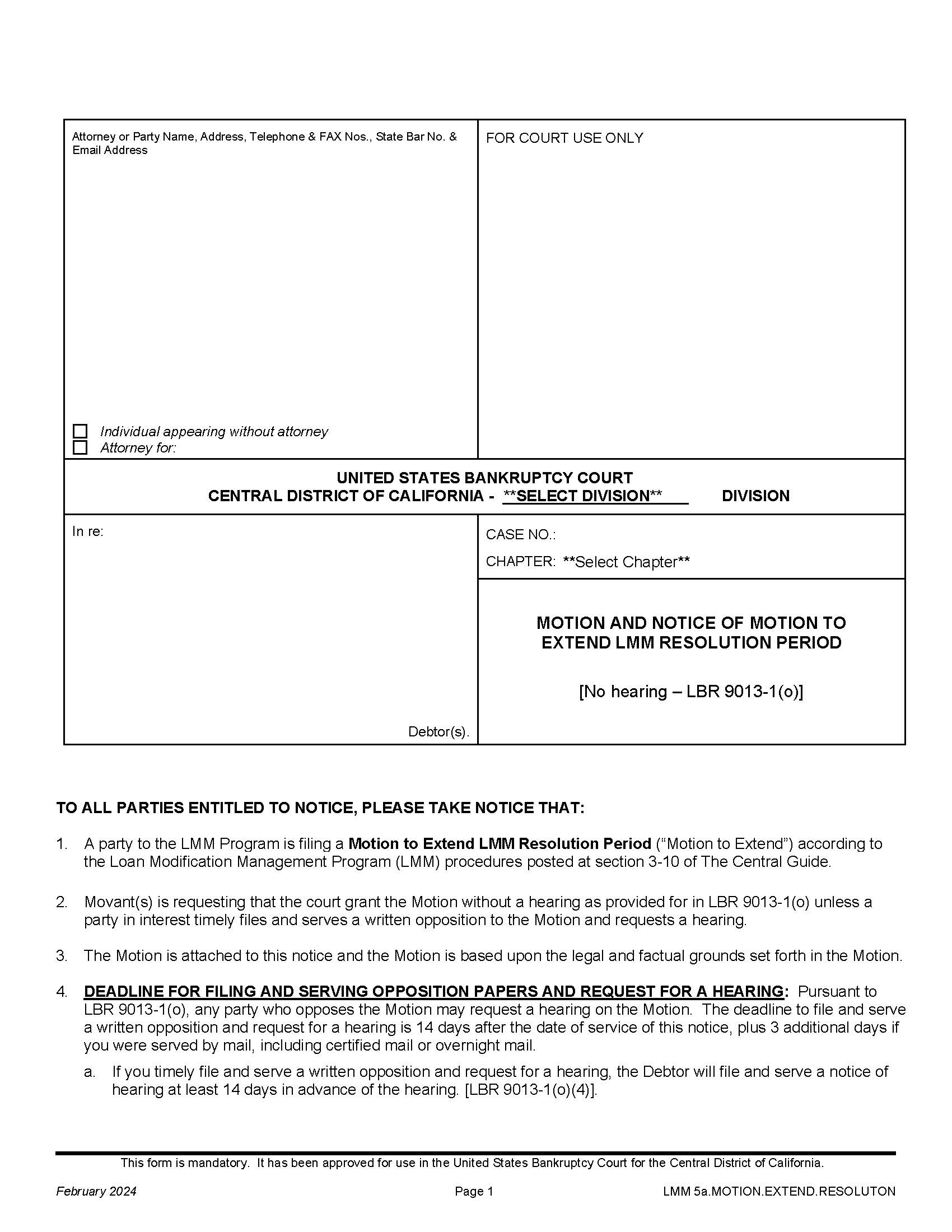 Motion And Notice Of Motion To Extend LMM Resolution Period {LMM 5a.MOTION.EXTEND.RESOLUTION} | Pdf Fpdf Docx | California