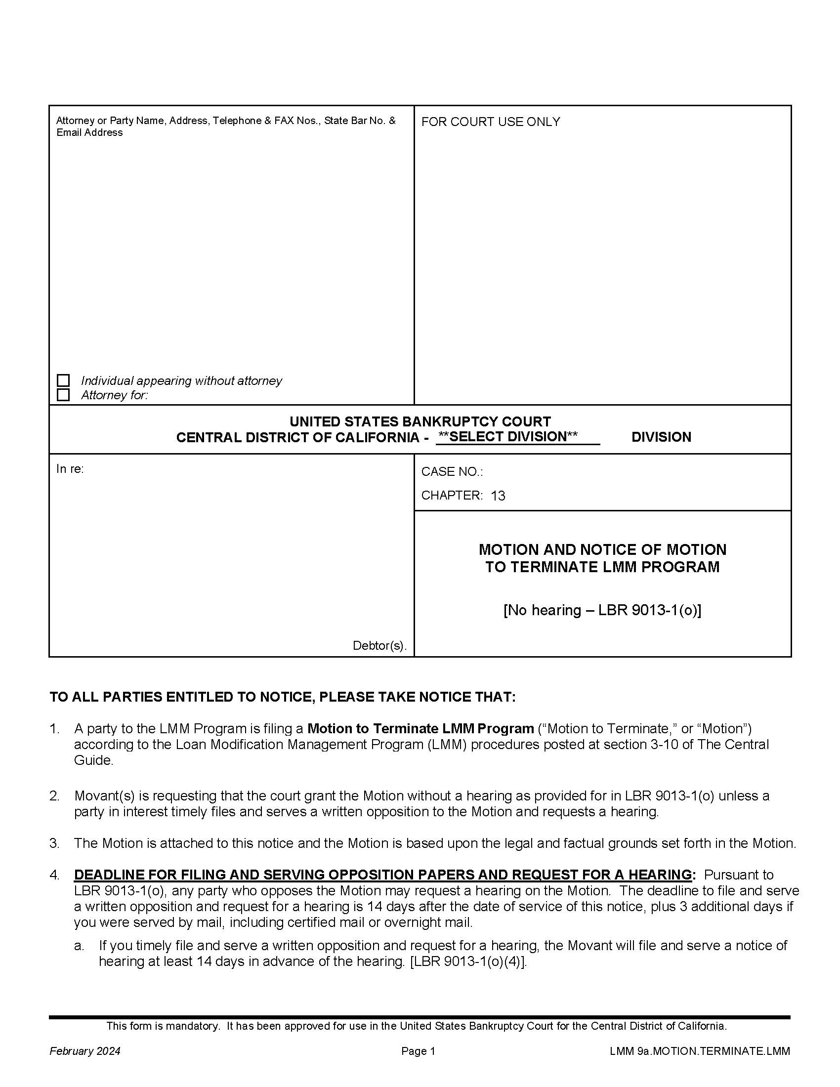 Motion And Notice Of Motion To Terminate LMM Program {LMM 9a.MOTION.TERMINATE.LMM} | Pdf Fpdf Docx | California